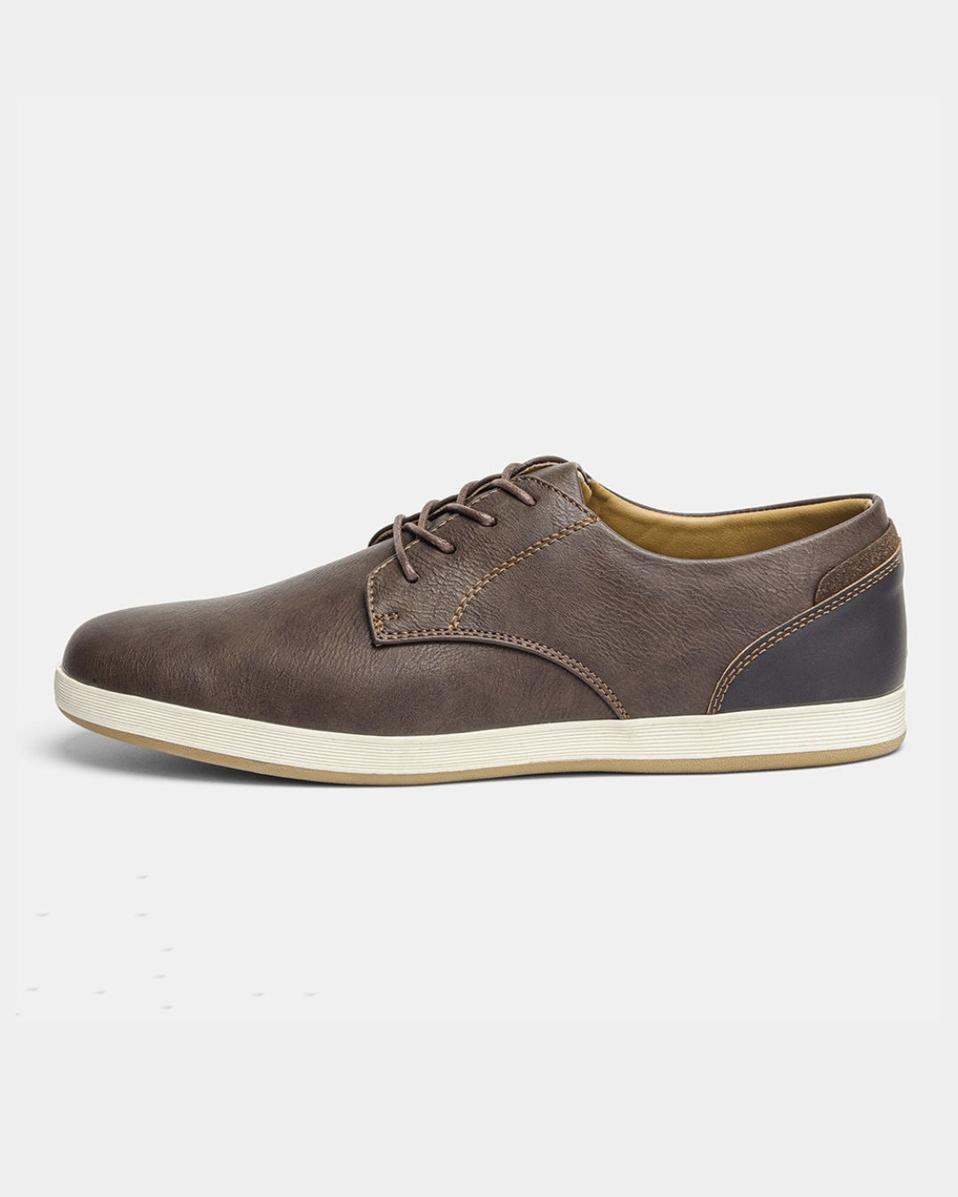 Brown men's casual lace-up dress sneaker with a smooth synthetic upper and a white rubber sole.