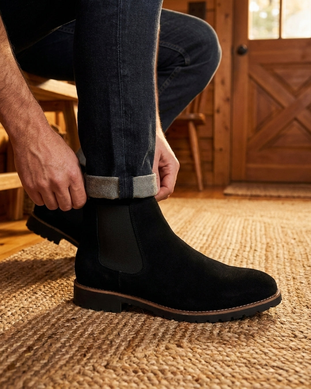 Men's black suede Chelsea boots with elastic side panels and a durable rubber outsole, styled with dark denim jeans.