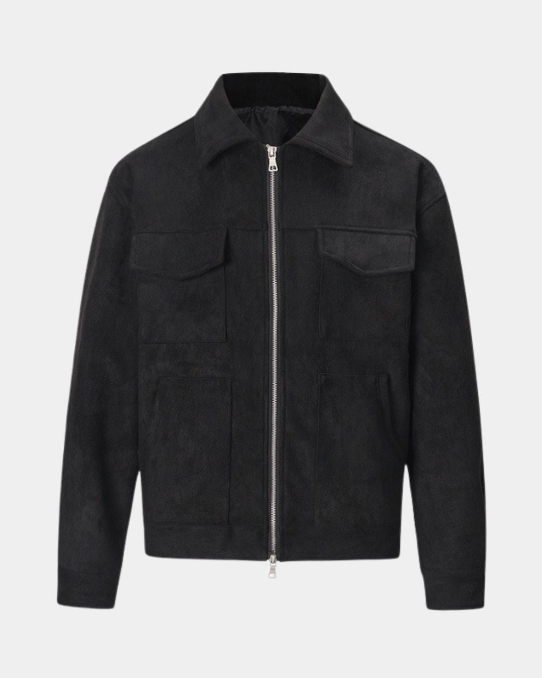 Rear three-quarter view of men's black suede look casual zip-up overshirt jacket