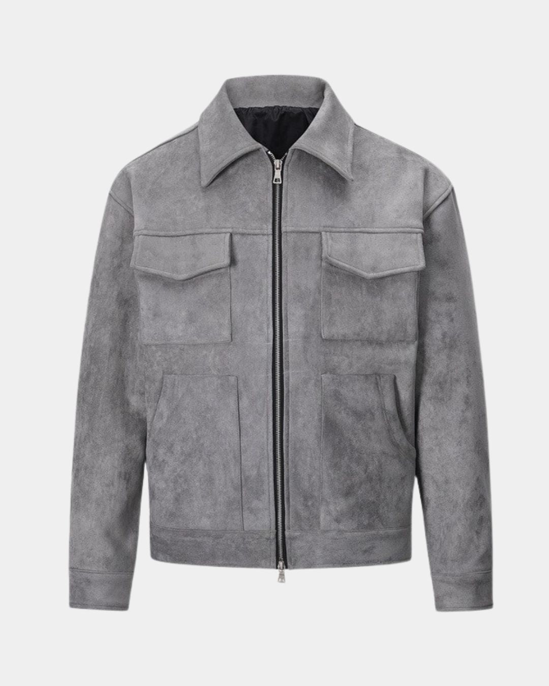 Front view of men's gray casual zip-up overshirt jacket with four-pocket design
