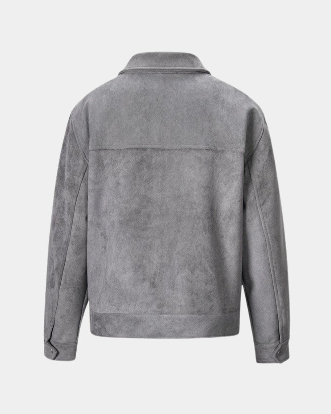 Back view of men's gray casual zip-up overshirt jacket 