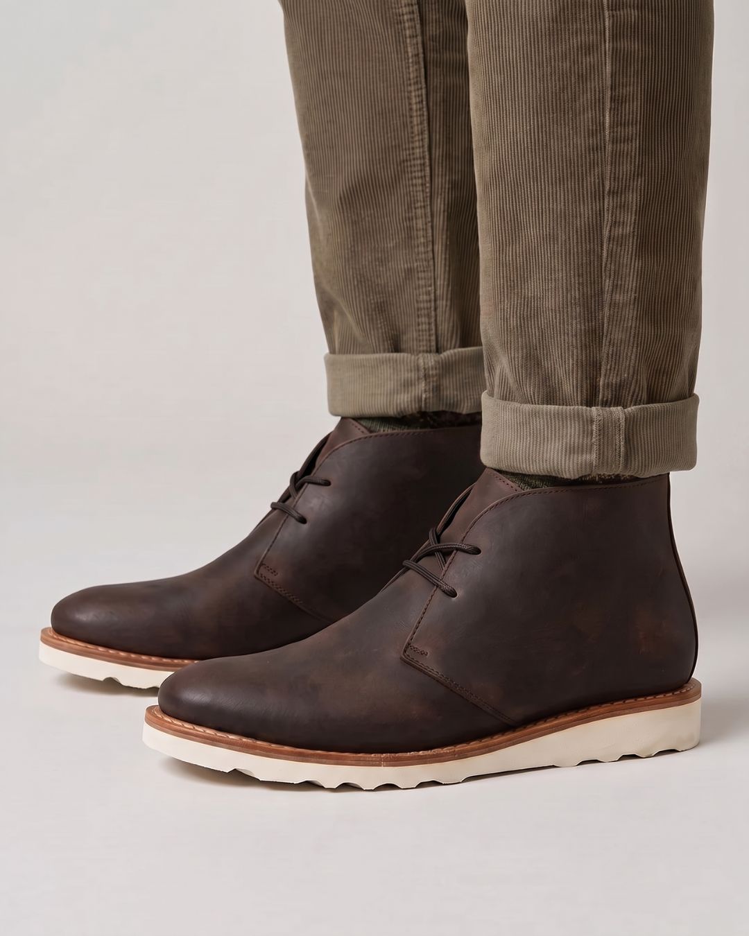 Men’s dark brown faux leather chukka boots with a rounded toe, lace-up closure, and a chunky white sneaker-style foam sole.
