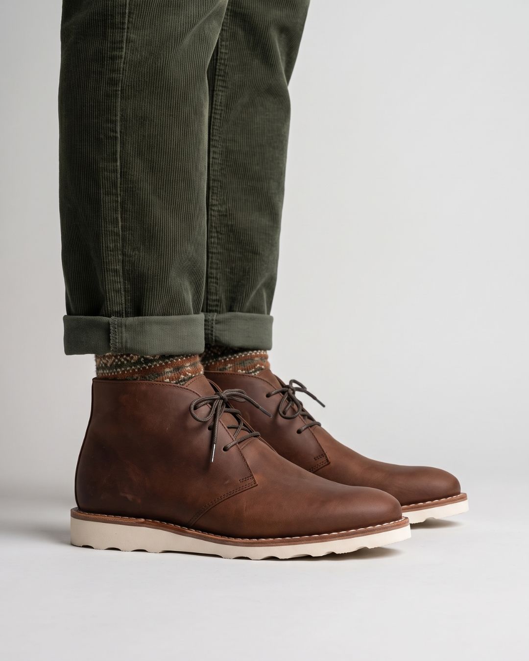 Men’s brown faux leather chukka boots with lace-up closure and a thick, white chunky sneaker-style foam sole.
