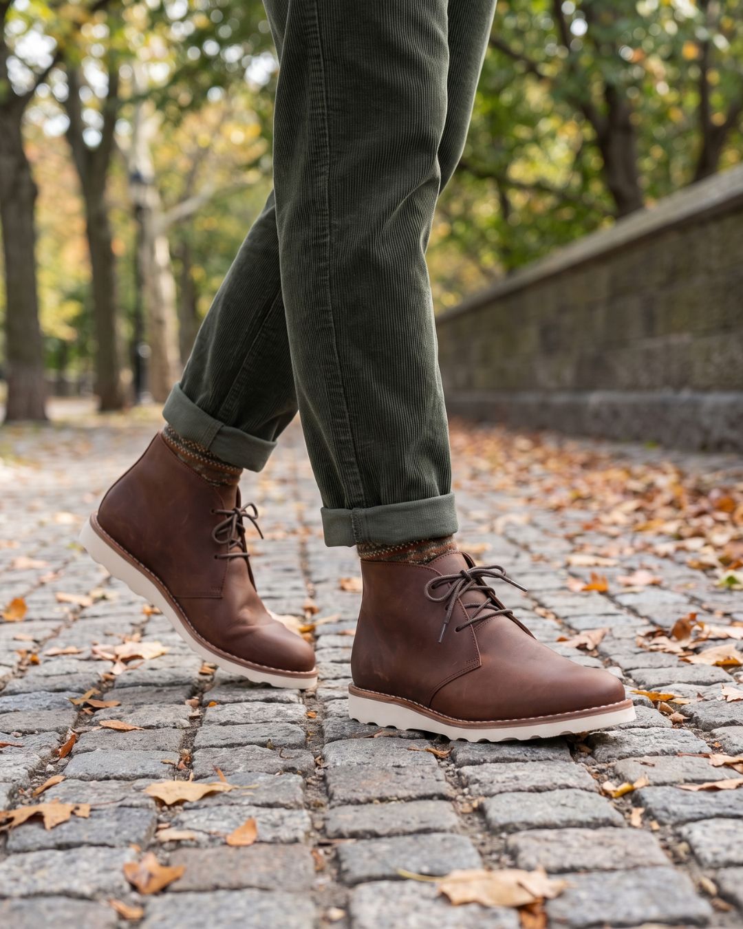 Brown faux leather chukka boots with lace-up closure and a chunky white foam sneaker sole worn with olive trousers.