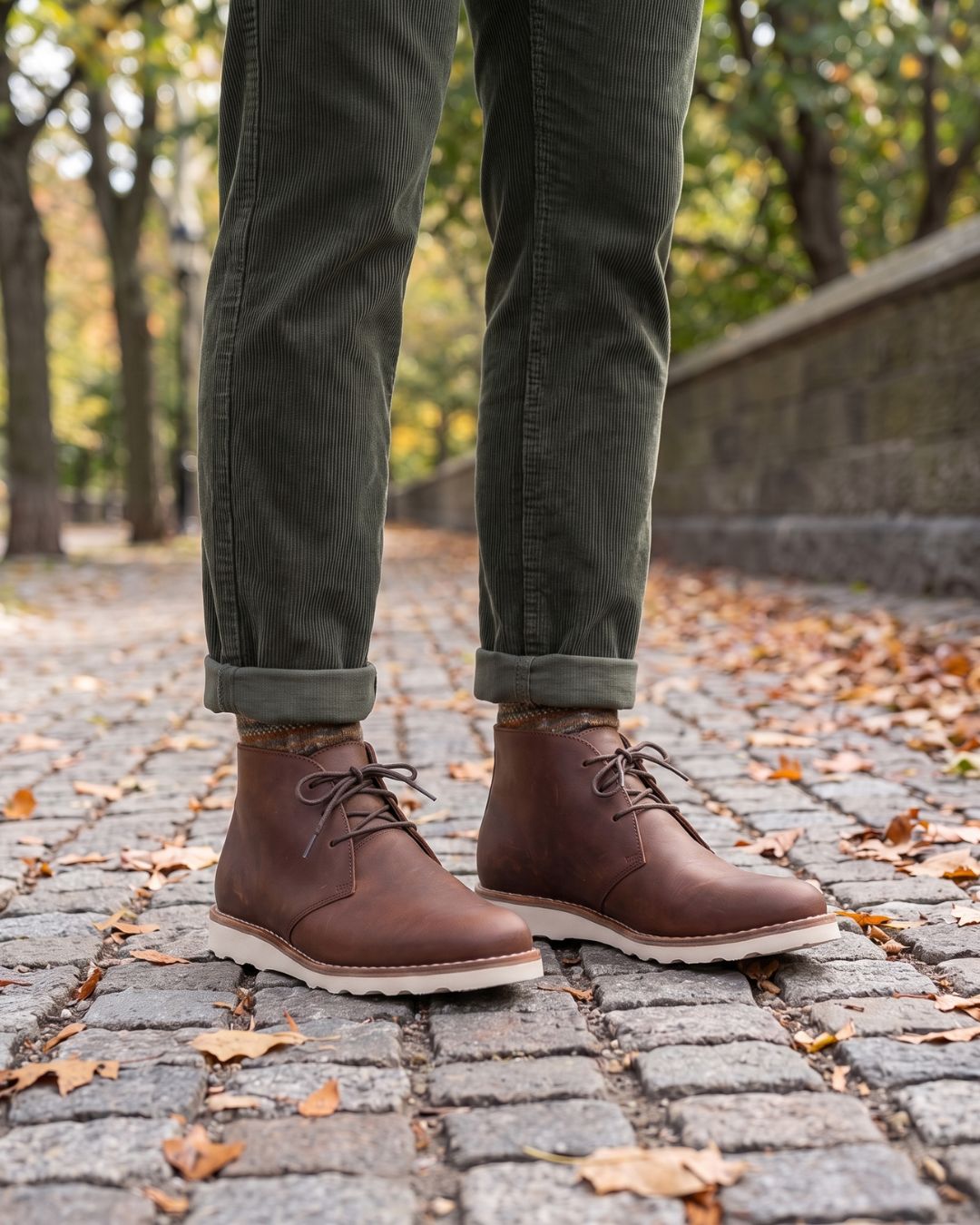 Brown faux leather chukka boots with a chunky white sneaker sole, worn with olive green trousers on a cobblestone path.