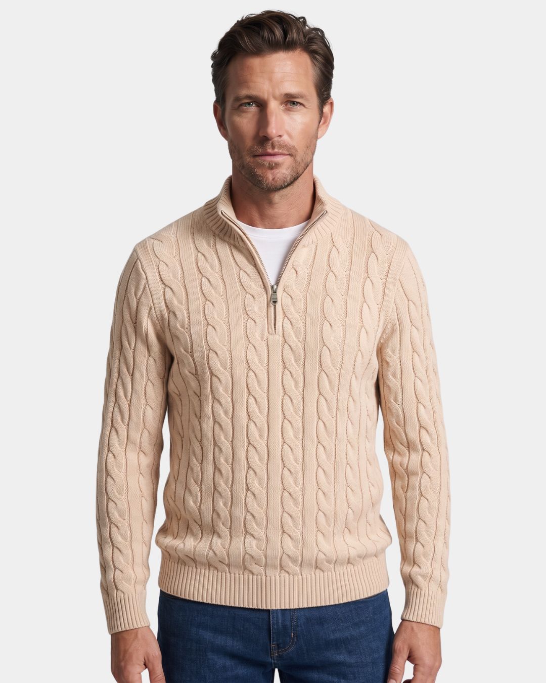 Beige men's cotton cable knit quarter-zip sweater with a mock-neck collar and ribbed cuffs.