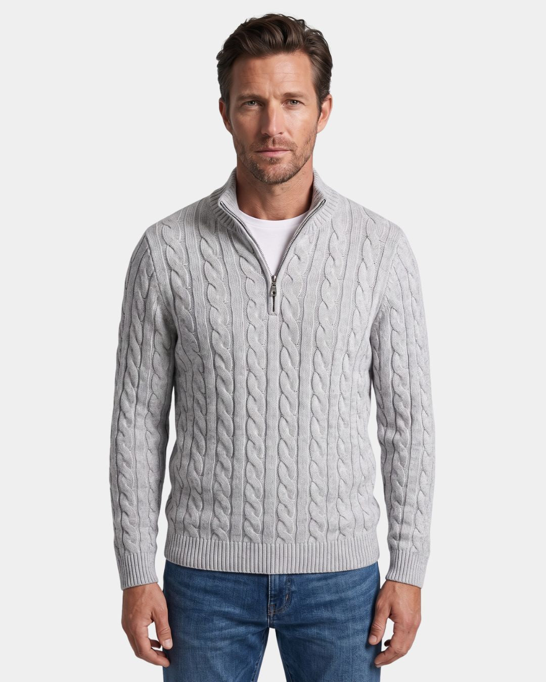 Light grey men's cotton cable knit quarter-zip sweater with a mock-neck collar and ribbed cuffs.