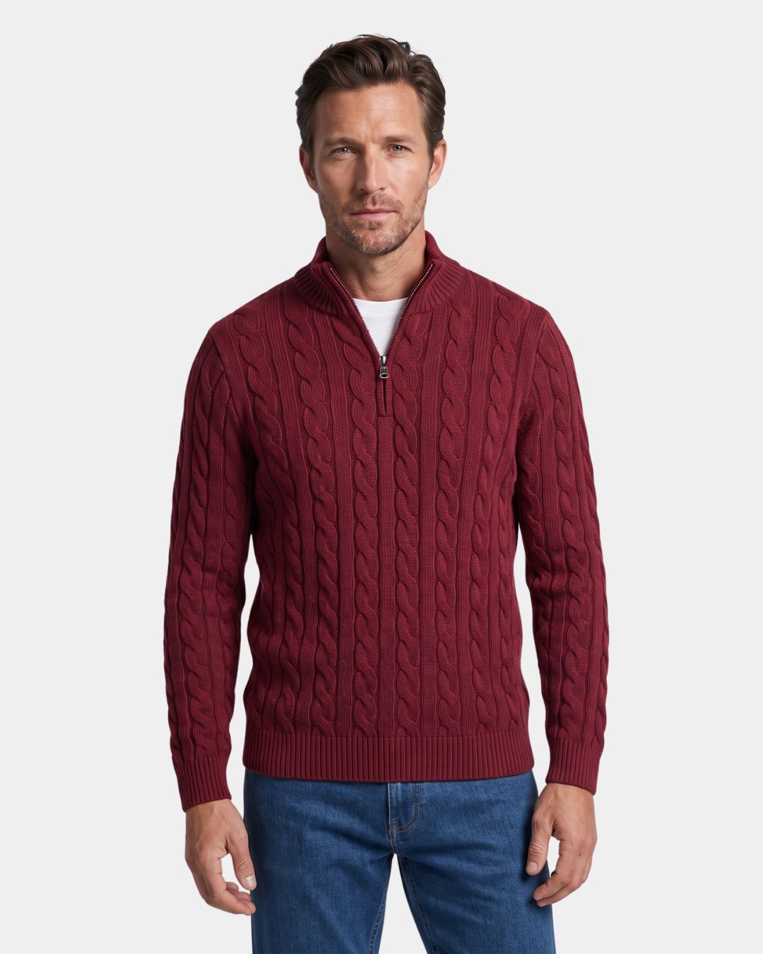 Men wearing a burgundy 100% cotton cable knit quarter-zip sweater with a mock-neck collar and ribbed cuffs.