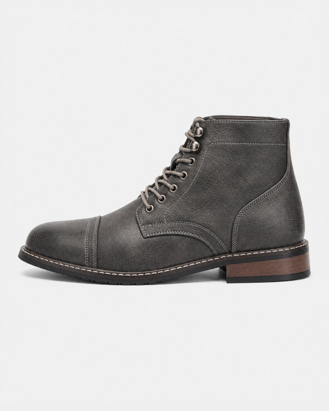 Men's grey textured cap-toe ankle boots with lace-up front, metal eyelets, contrast stitching, and durable rubber outsole.