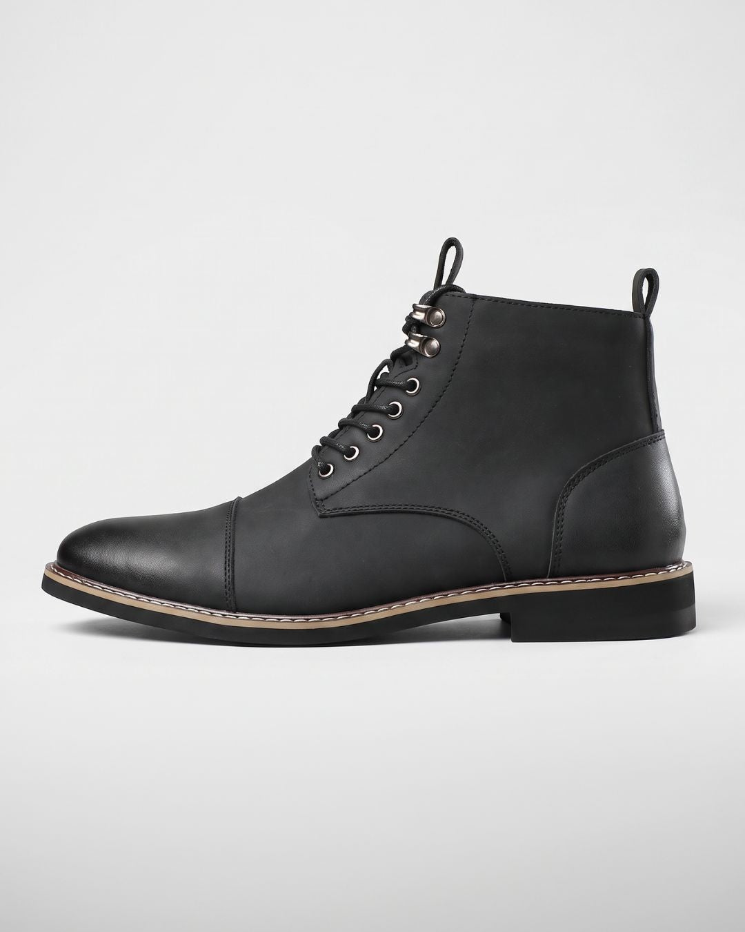 Black men's cap-toe ankle boots with lace-up front, metal eyelets, and a durable rubber outsole.