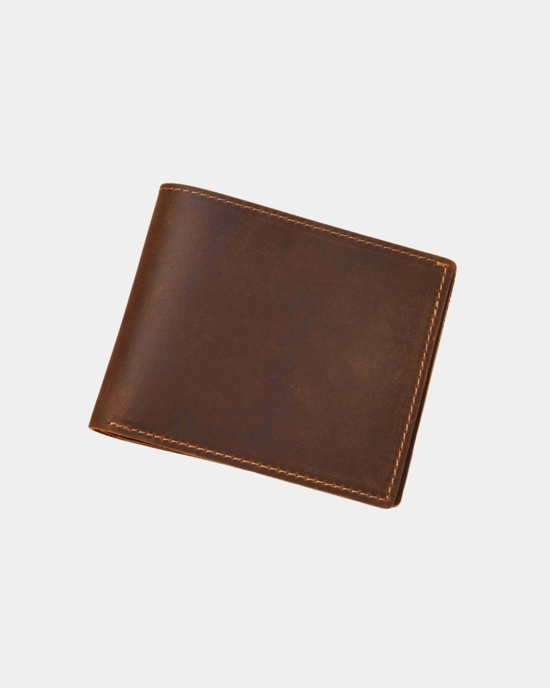 Brown Crazy Horse leather bifold wallet with contrast stitching and a compact, classic design.