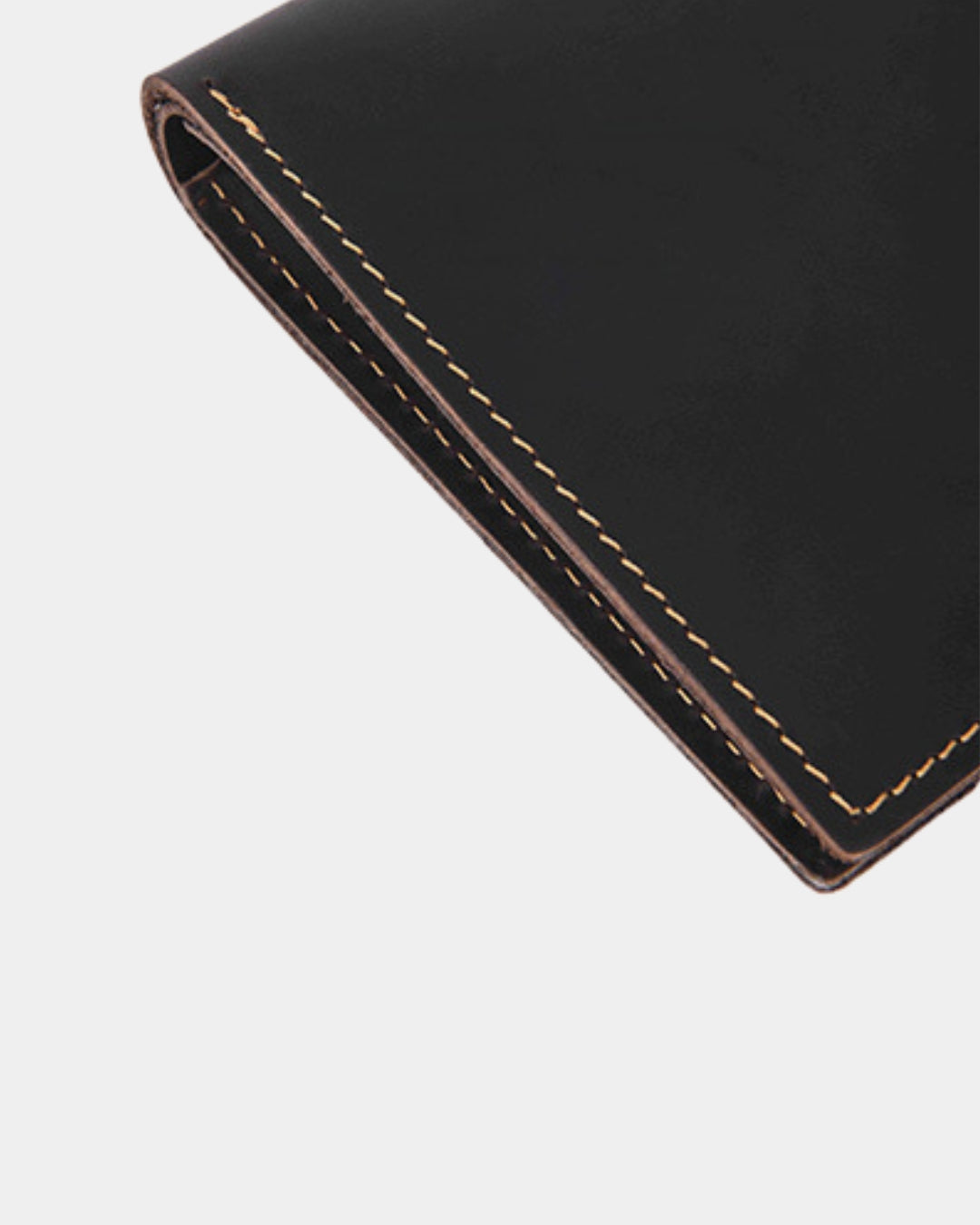 Black Crazy Horse leather bifold wallet with durable contrast stitching and a compact, minimalist design.