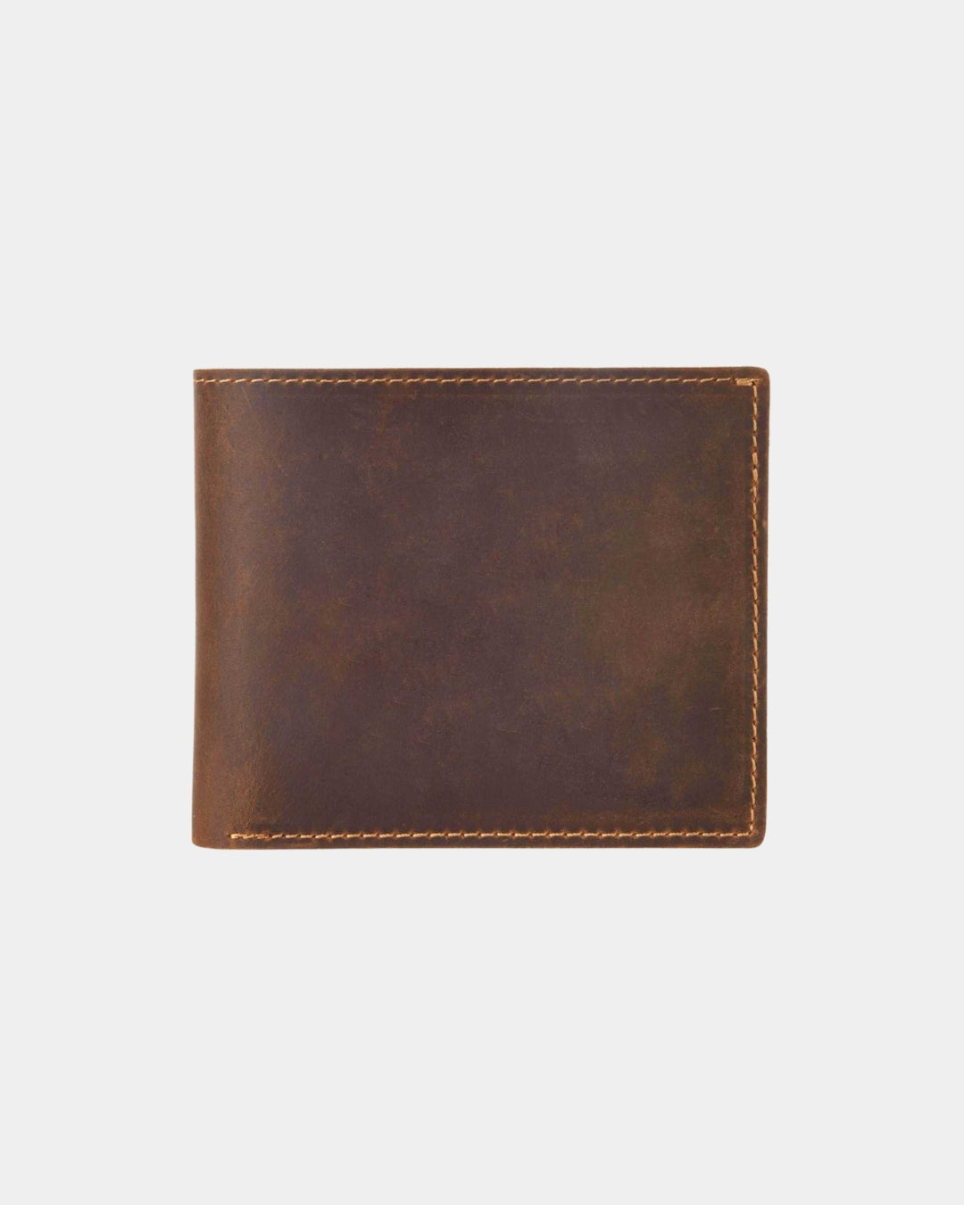 Brown Crazy Horse leather bifold wallet with contrast stitching and a compact, classic design.