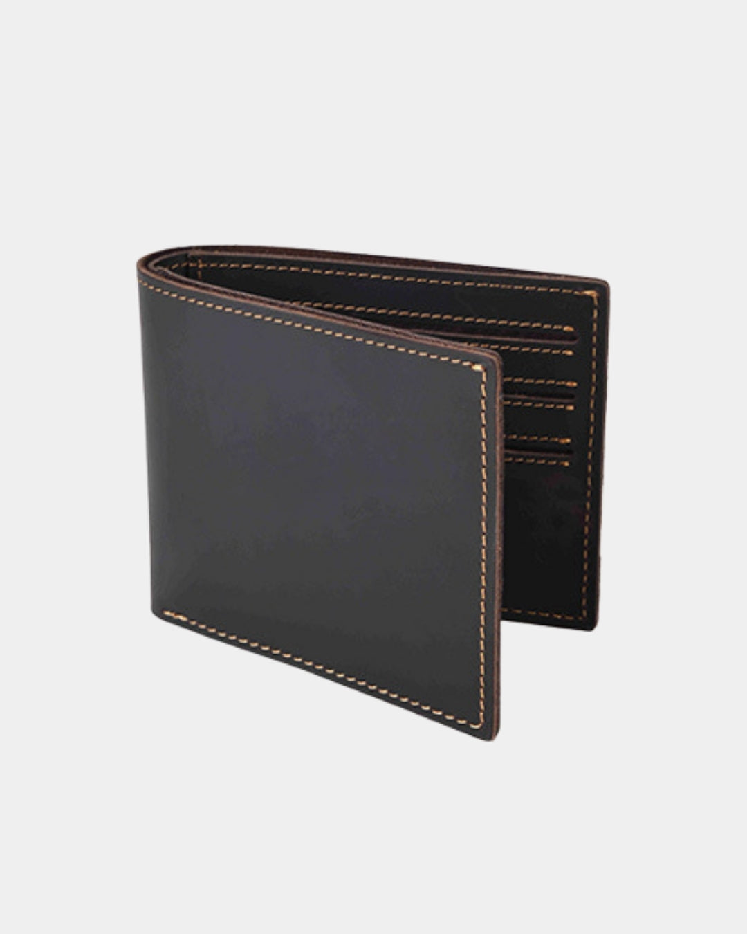Dark brown Crazy Horse leather bifold wallet with contrast stitching and six interior card slots.