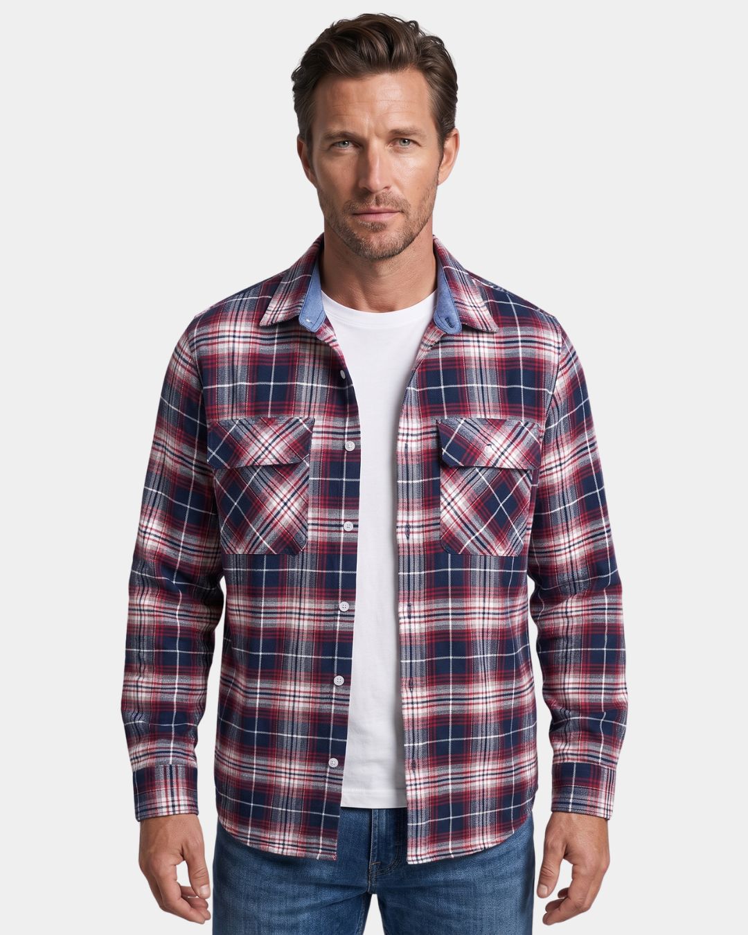 Men’s long-sleeve flannel shirt in a red, white, and navy plaid pattern with two chest pockets and a button-front design.
