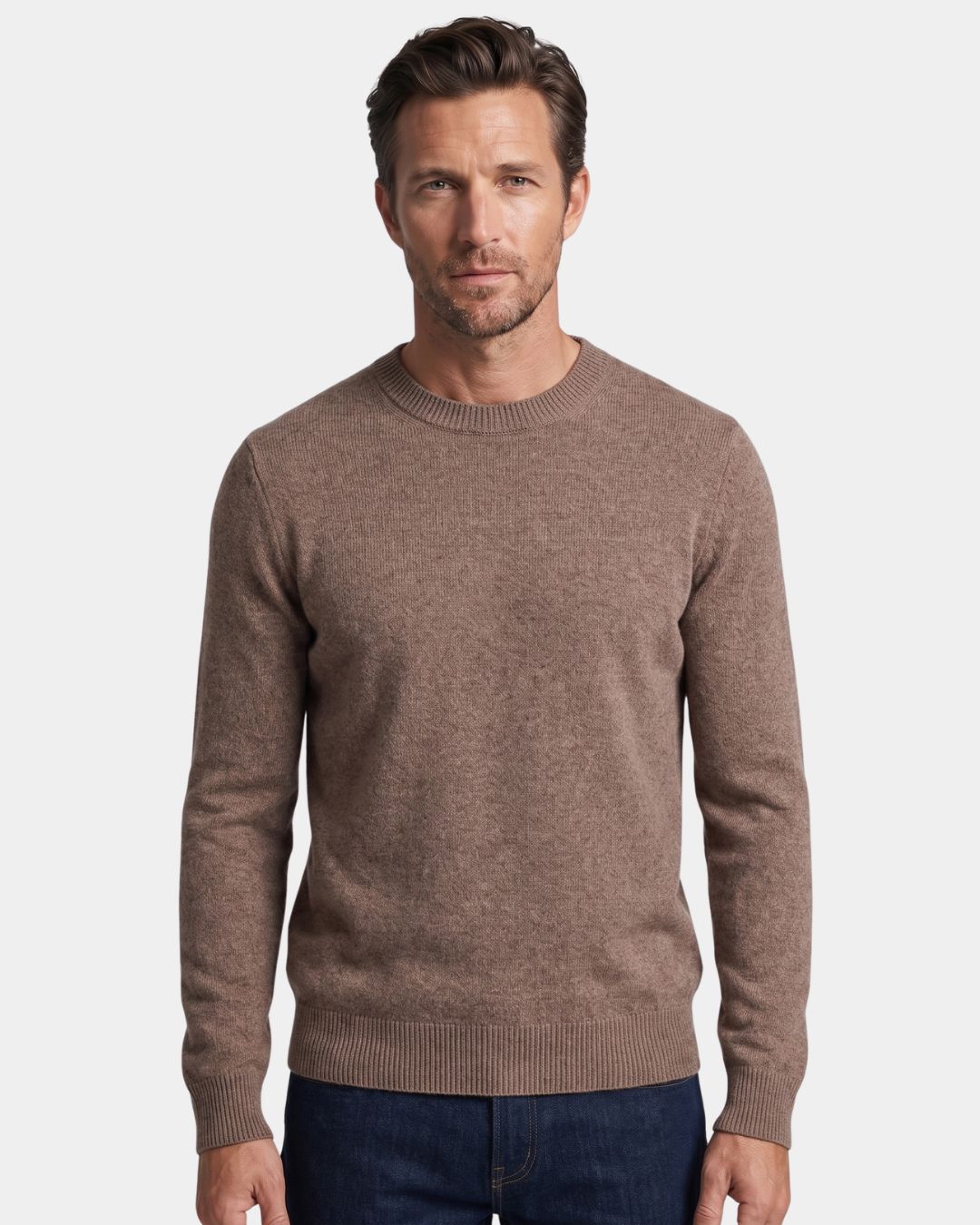 Man wearing a brown 100% wool crew neck sweater with ribbed trim, long sleeves, and a clean, regular fit.
