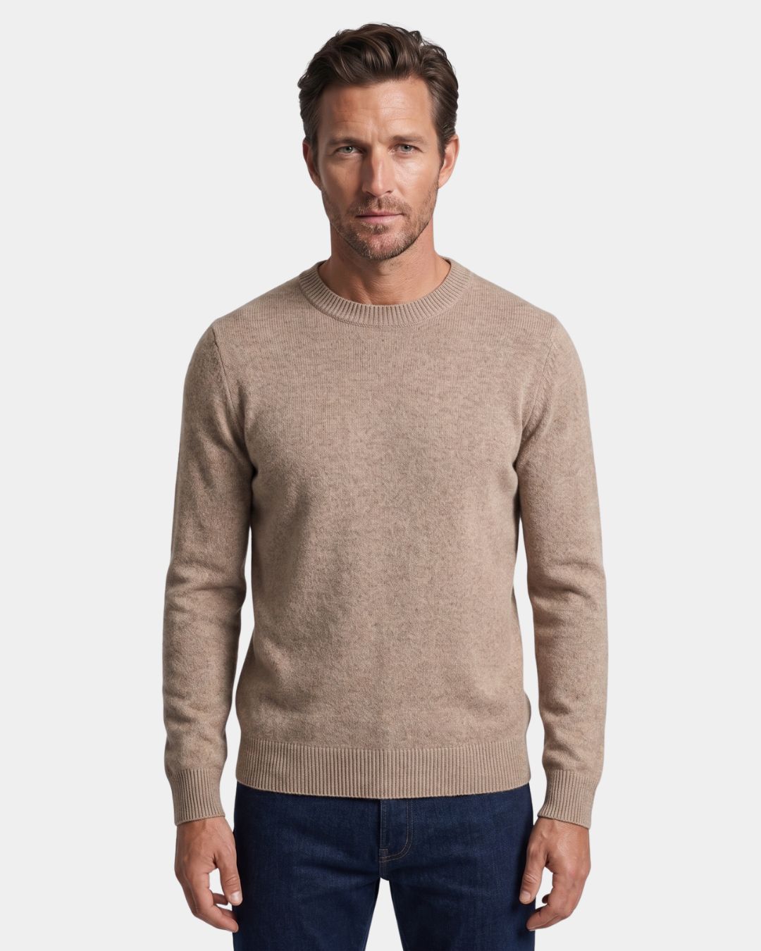 Man wearing a khaki 100% wool crew neck sweater with ribbed trim and a smooth knit texture.