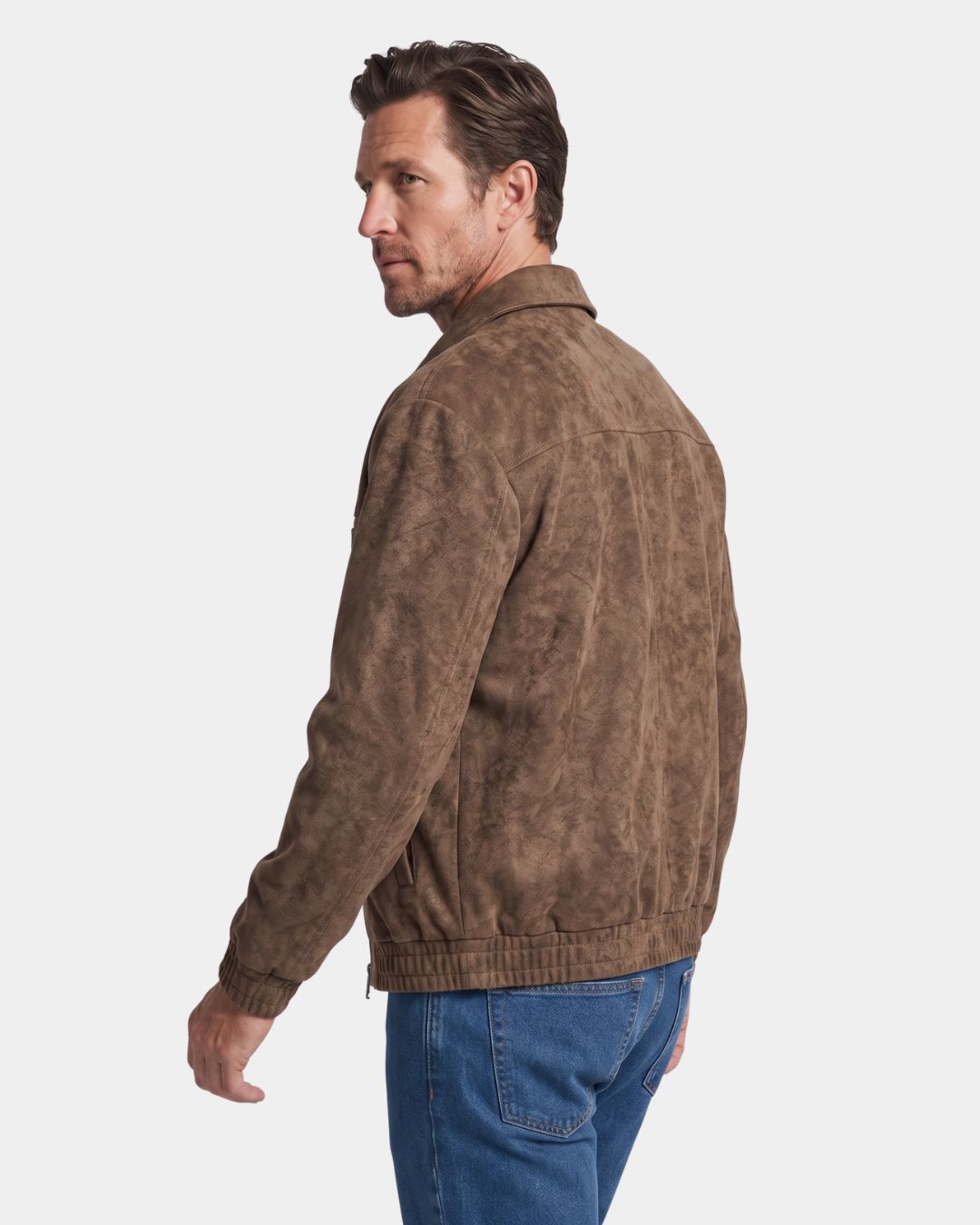 Rear three-quarter view of men's brown collared bomber jacket with elasticized hem
