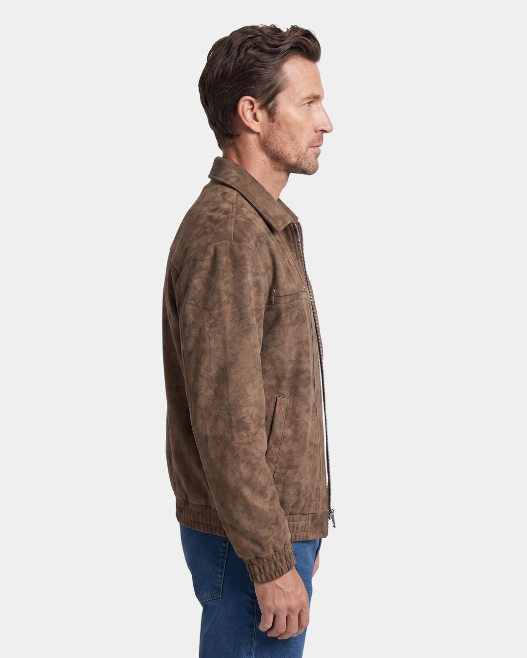 Side view of men's brown collared bomber jacket with turn-down collar and elasticized cuffs