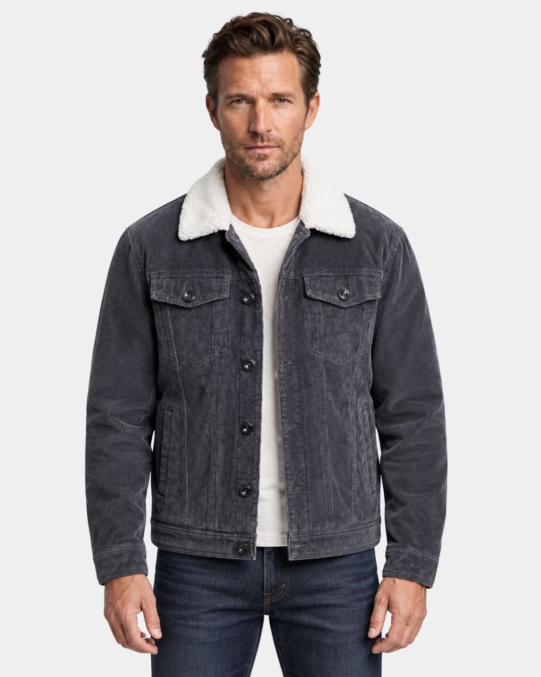 Charcoal grey corduroy trucker jacket with a white sherpa collar and button-front closure worn by a man.
