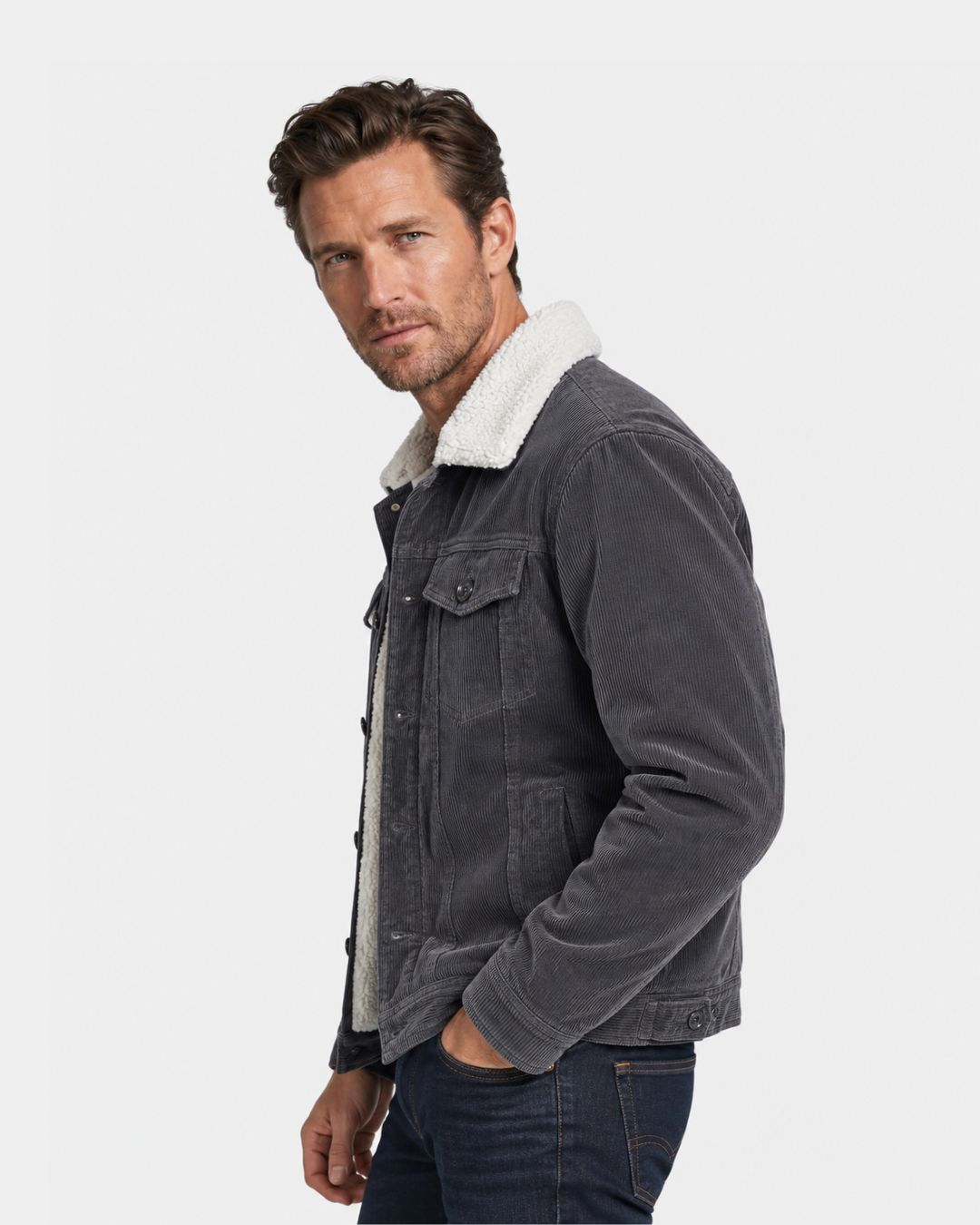 Men’s charcoal grey corduroy trucker jacket with a white sherpa-lined collar and interior, featuring a button-front design.