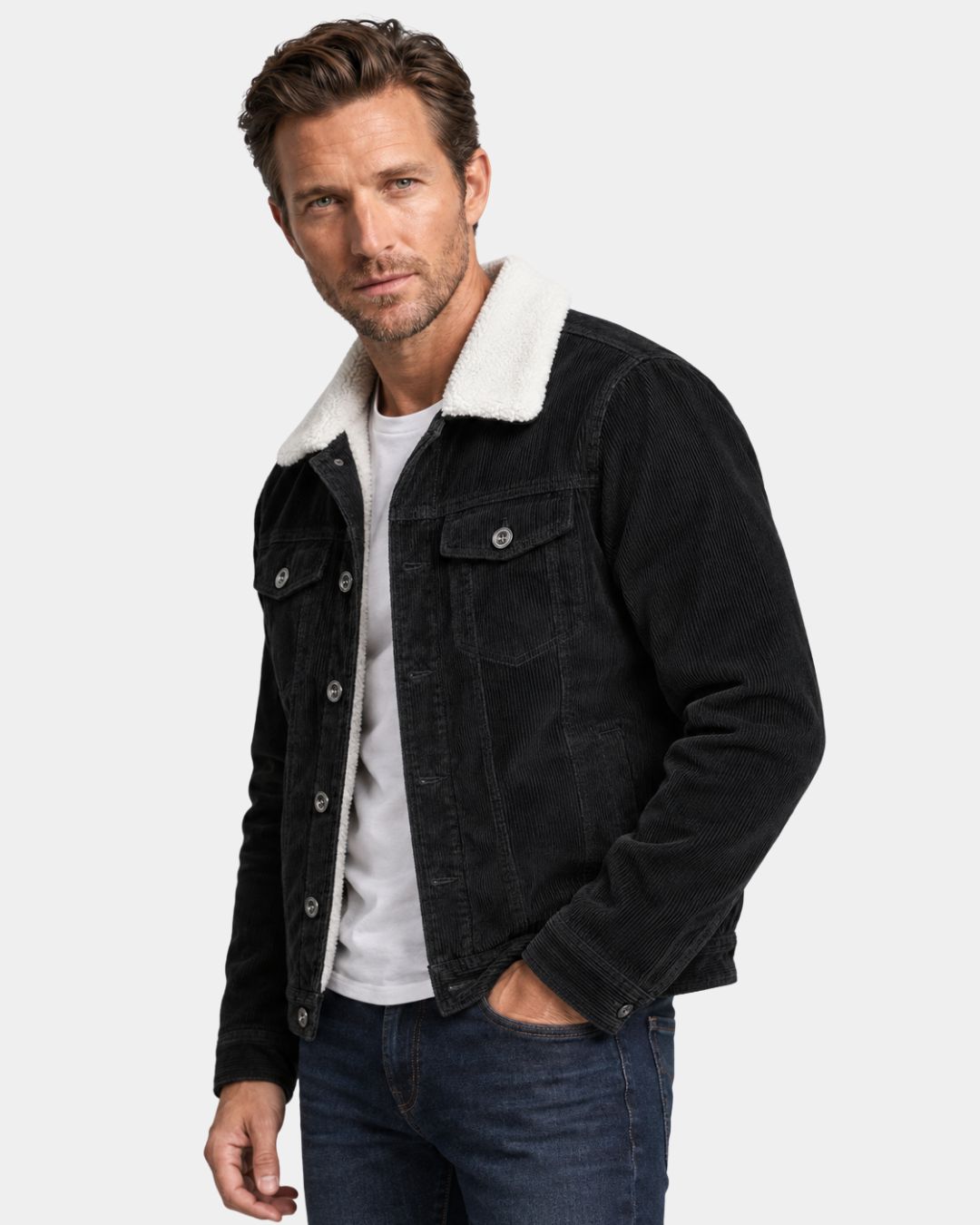 Black corduroy trucker jacket with a white sherpa collar, button-front closure, and chest pockets on a male model.