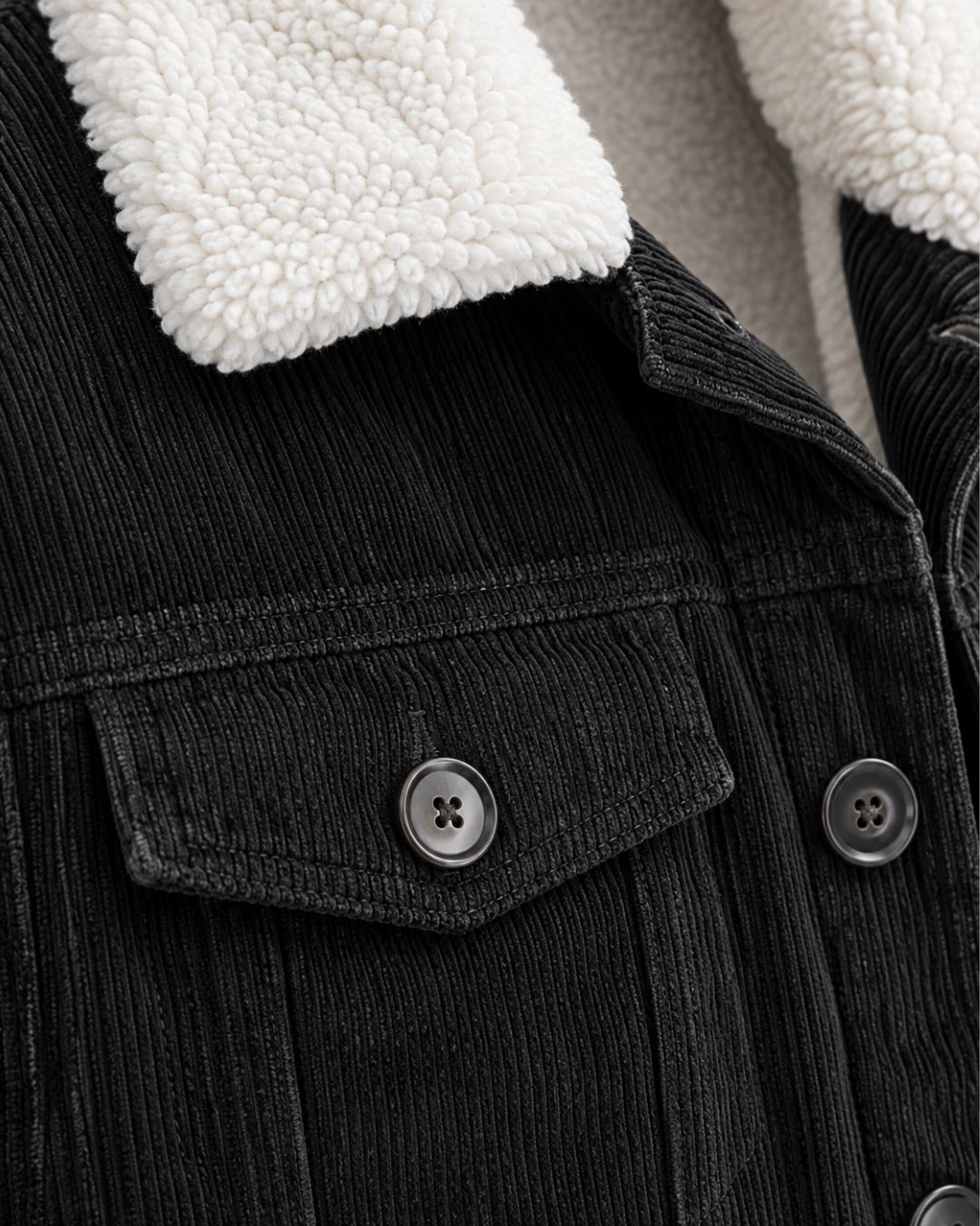 Black corduroy trucker jacket featuring a white sherpa collar, button-front closure, and chest pocket detail.