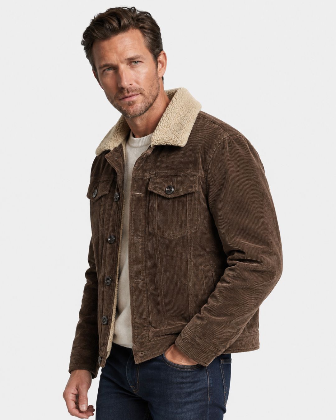 Brown corduroy trucker jacket with a cream sherpa collar, button-front closure, and chest pockets on a male model.