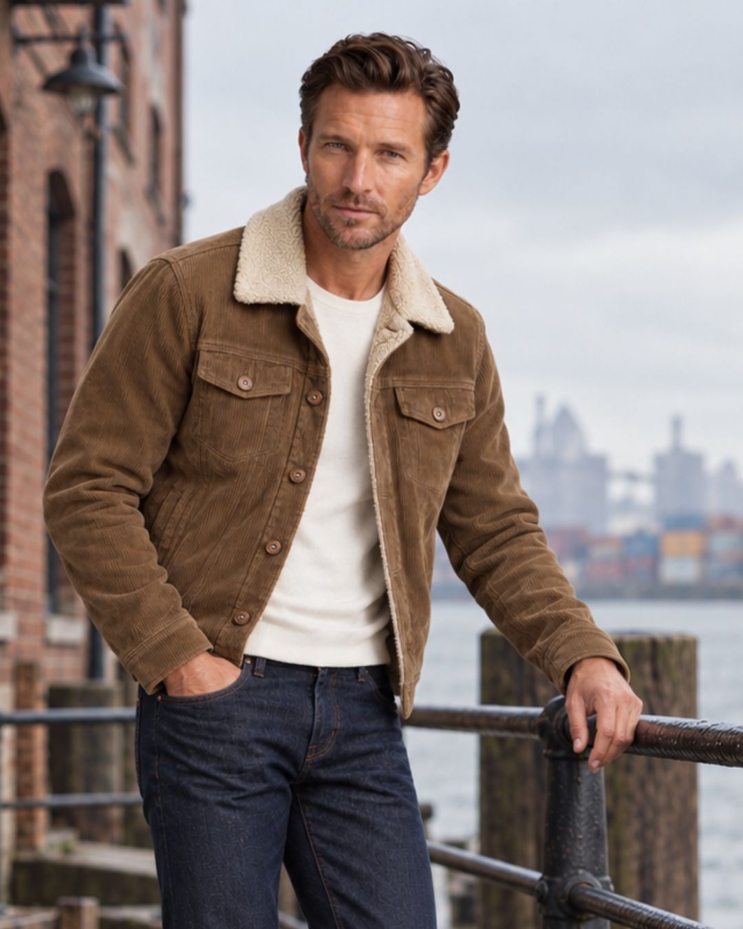 Man wearing a brown corduroy trucker jacket with a cream sherpa collar and lining, button-front closure, and chest pockets.