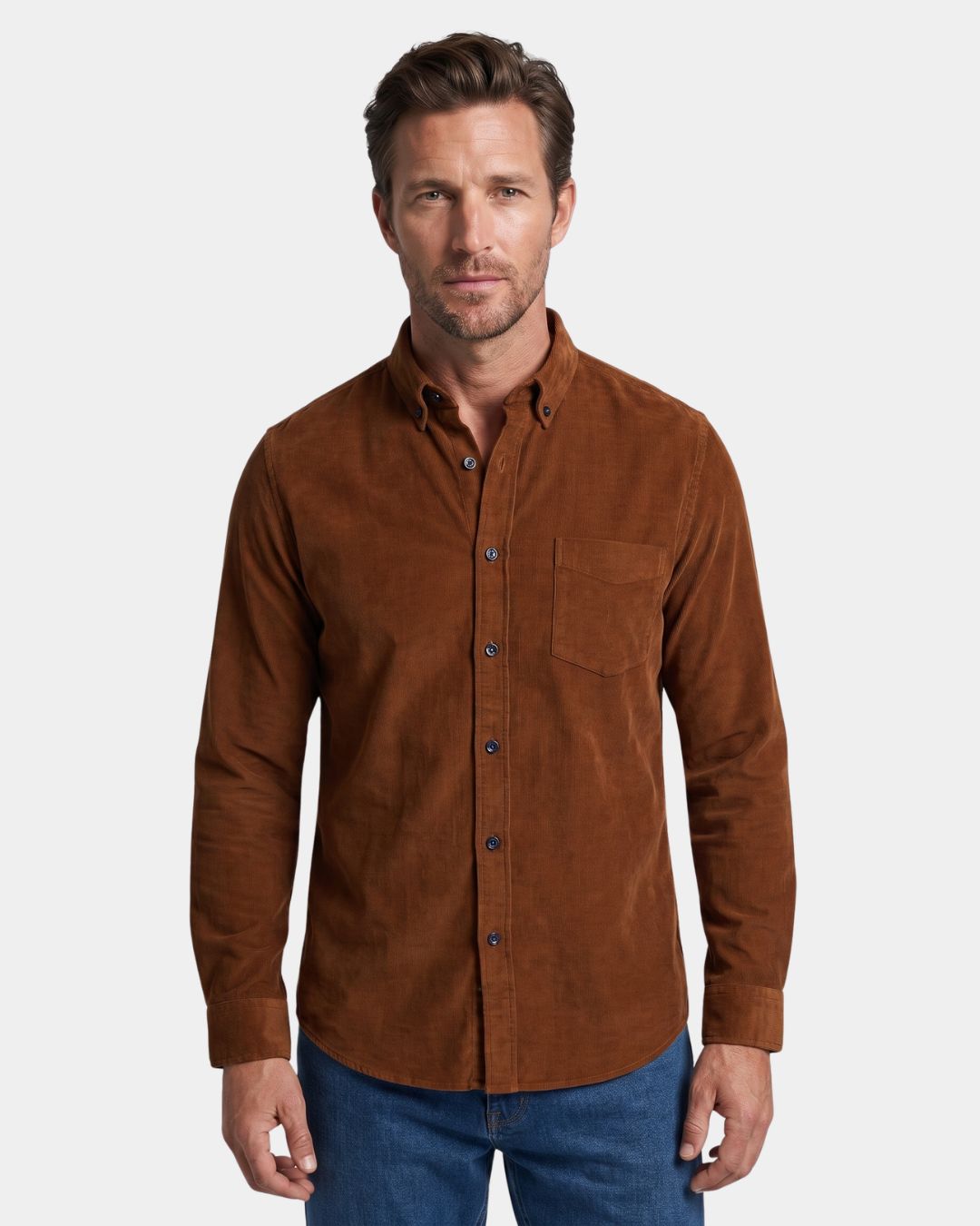 Men's slim-fit brown cotton corduroy shirt with a button-down collar, long sleeves, and a single chest pocket.