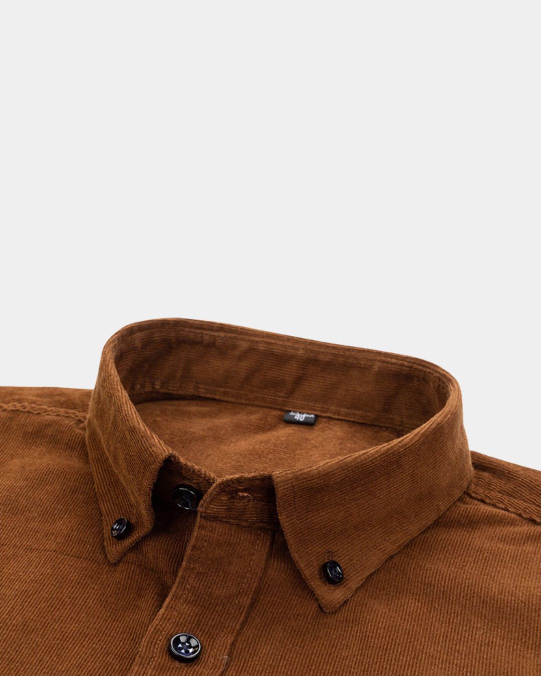 Brown cotton corduroy shirt featuring a button-down collar and ribbed texture in a slim-fit design.