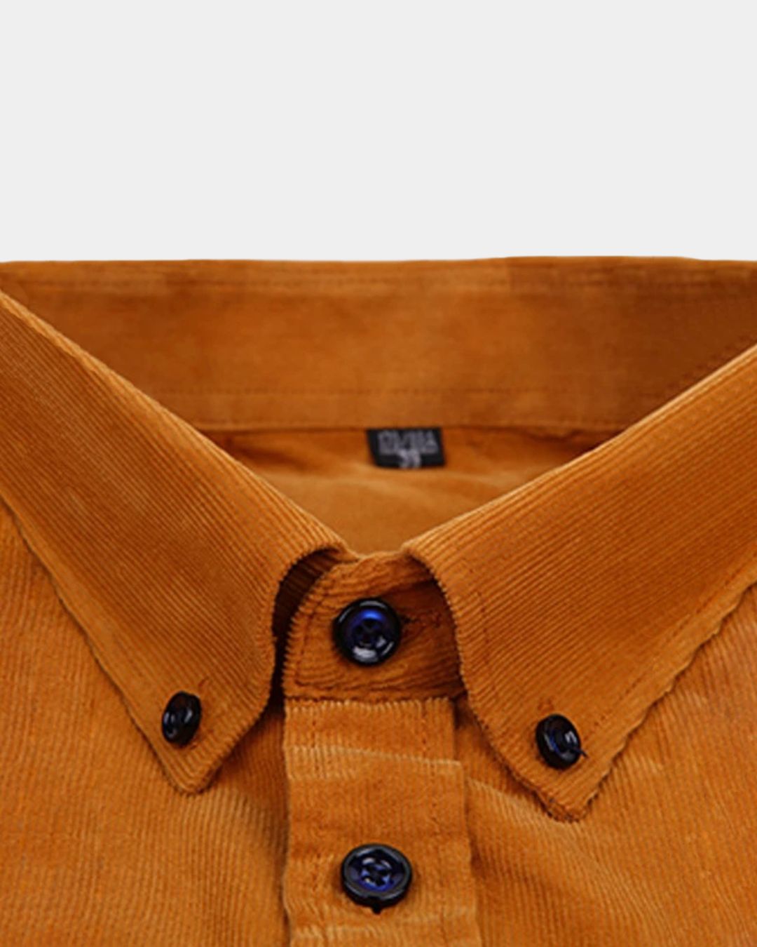 Mustard yellow men’s cotton corduroy shirt featuring a button-down collar and dark buttons in a classic ribbed texture.