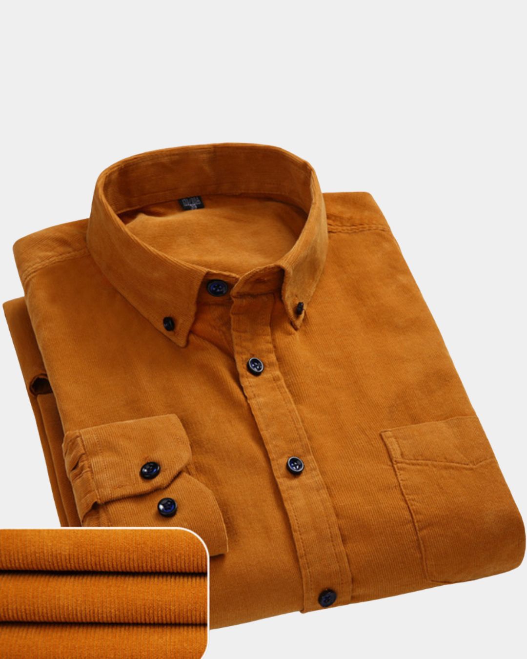 Mustard yellow slim-fit cotton corduroy shirt with a button-down collar, chest pocket, and ribbed texture.