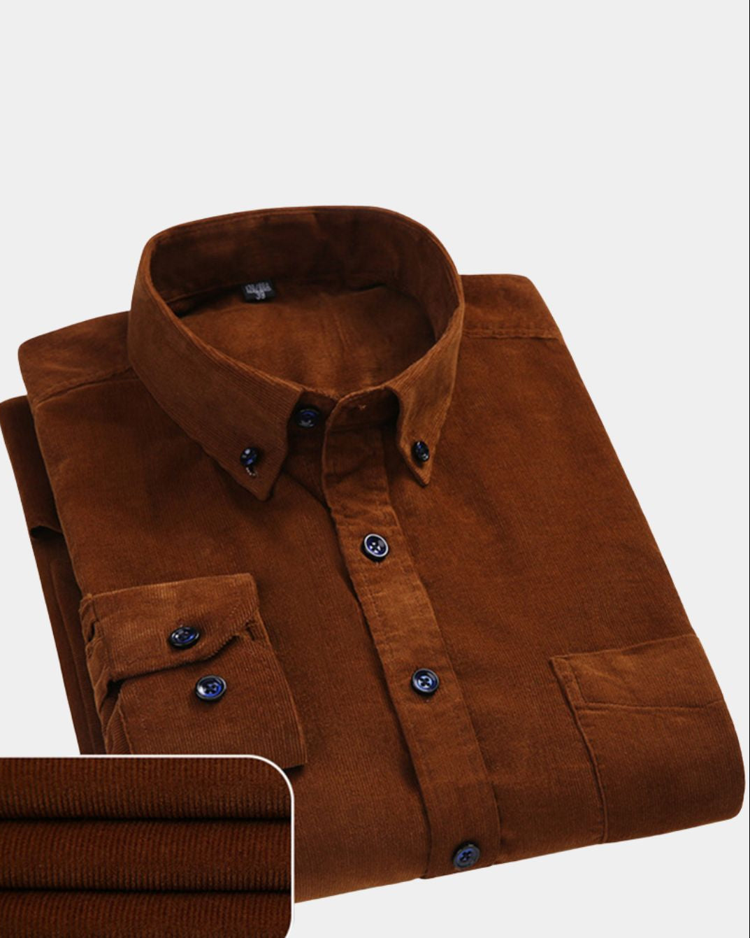 Brown slim-fit men's corduroy shirt with a button-down collar, chest pocket, and ribbed cotton texture.