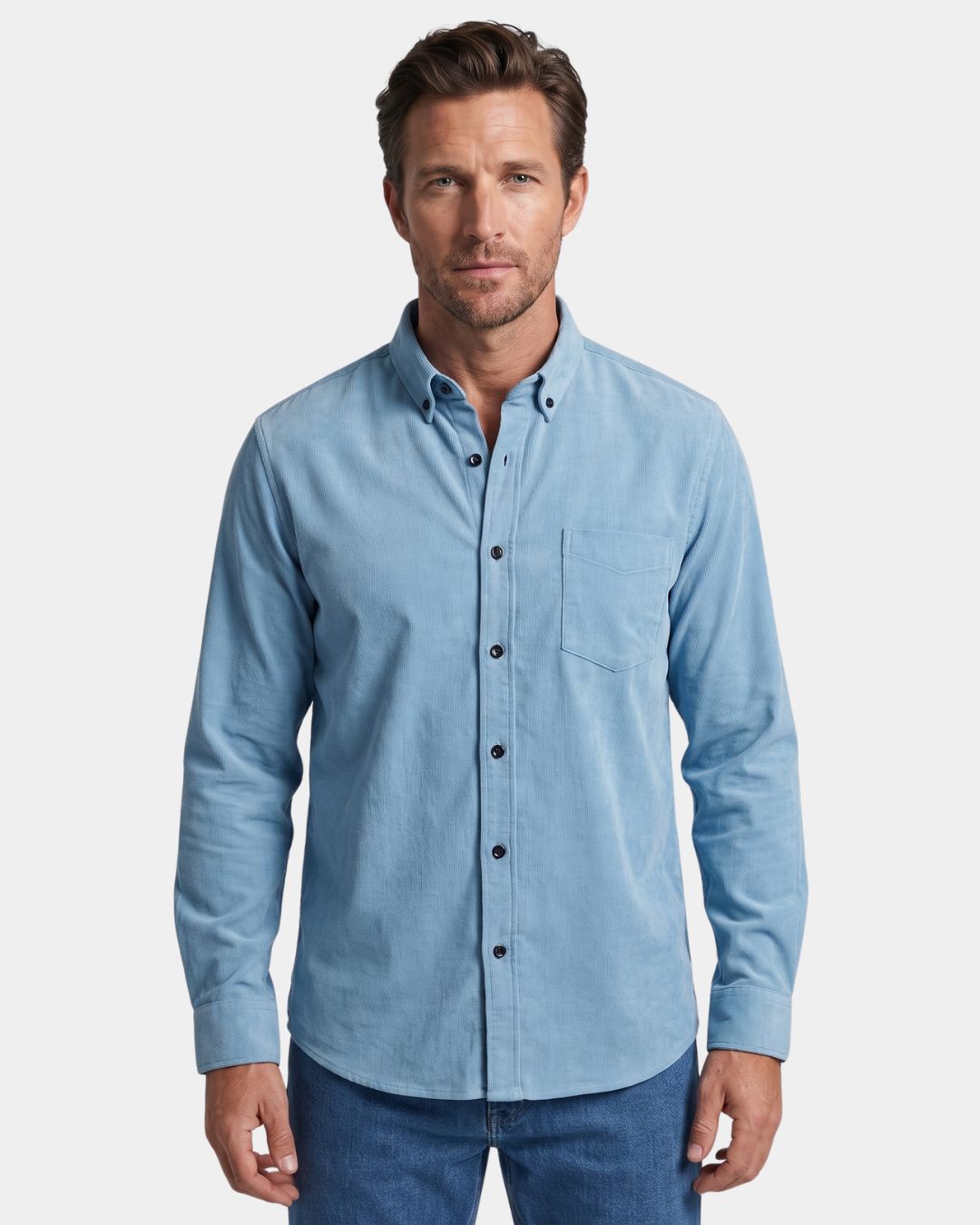 Light blue slim-fit men’s cotton corduroy shirt with a button-down collar and single chest pocket.