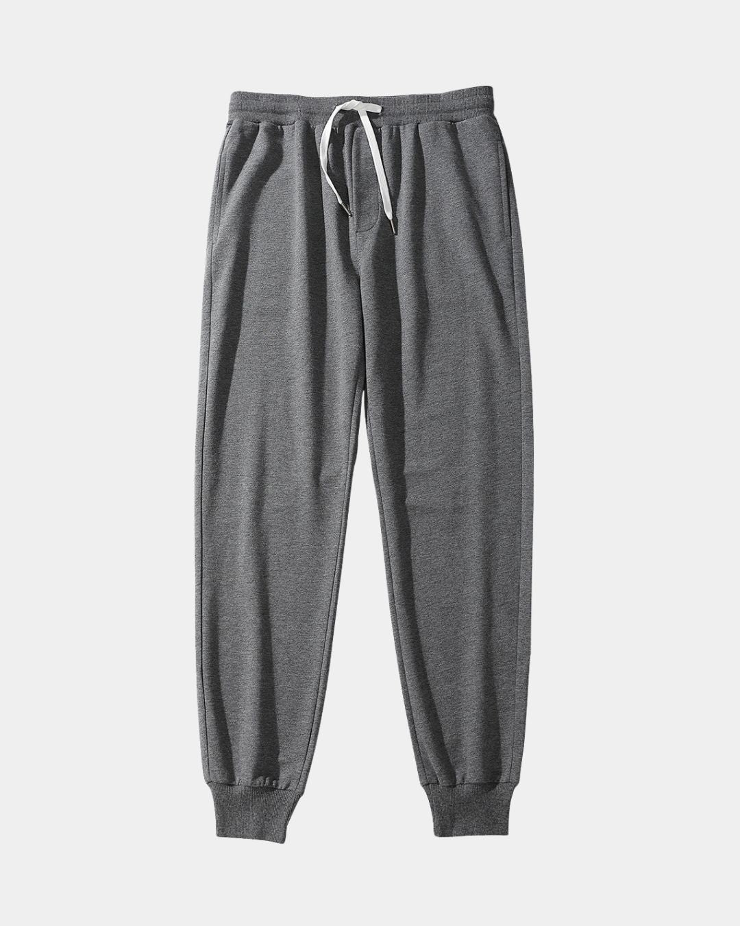Men’s charcoal grey cotton jogger sweatpants featuring a drawstring waist and ribbed tapered ankle cuffs.