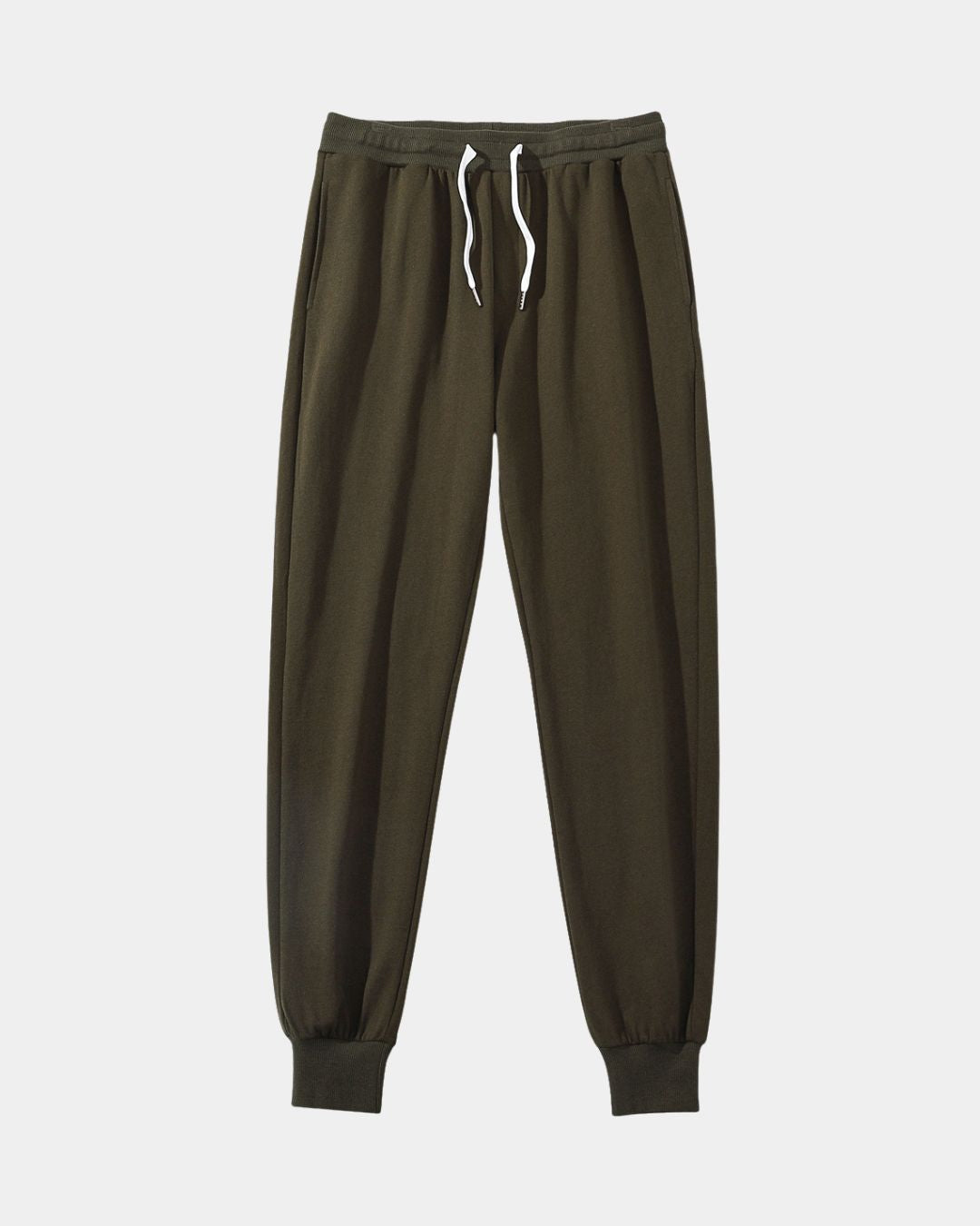 Olive green men’s cotton jogger sweatpants with a drawstring waist and tapered ribbed ankle cuffs.
