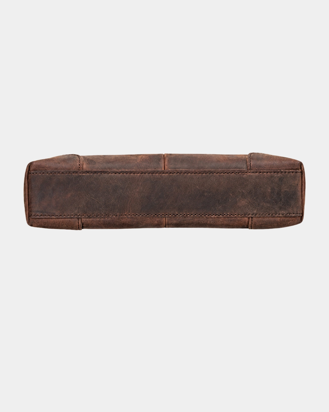 Bottom view of a brown vintage Crazy Horse leather clutch bag with visible stitching and a distressed finish.