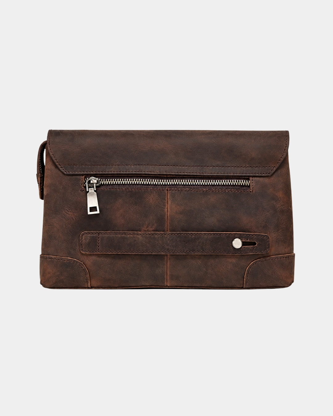 Vintage brown Crazy Horse leather men’s clutch bag with a rear zipper pocket and a secure hand strap.