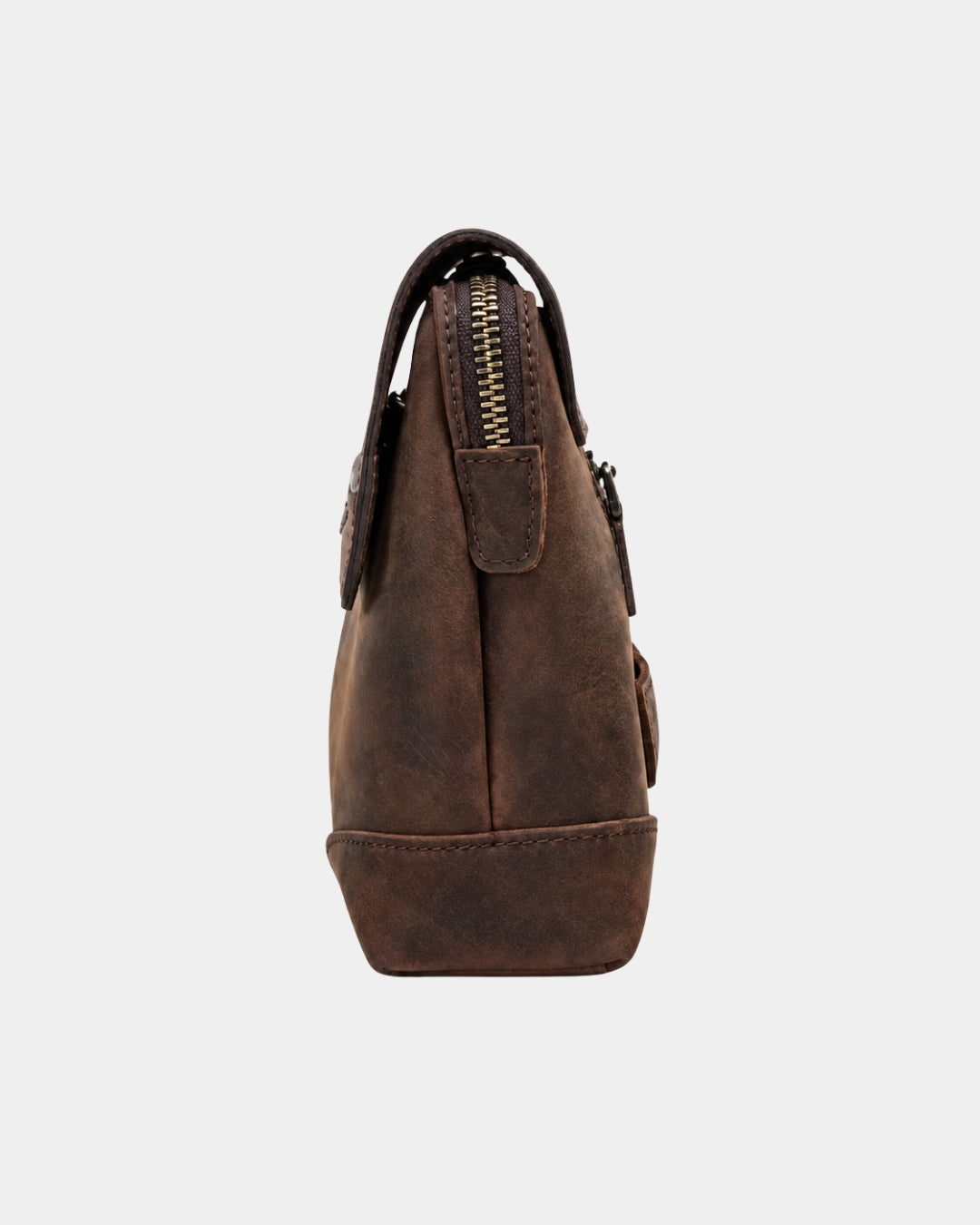 Side view of a brown vintage Crazy Horse leather men’s clutch bag with a flap, secure zipper, and distressed finish.