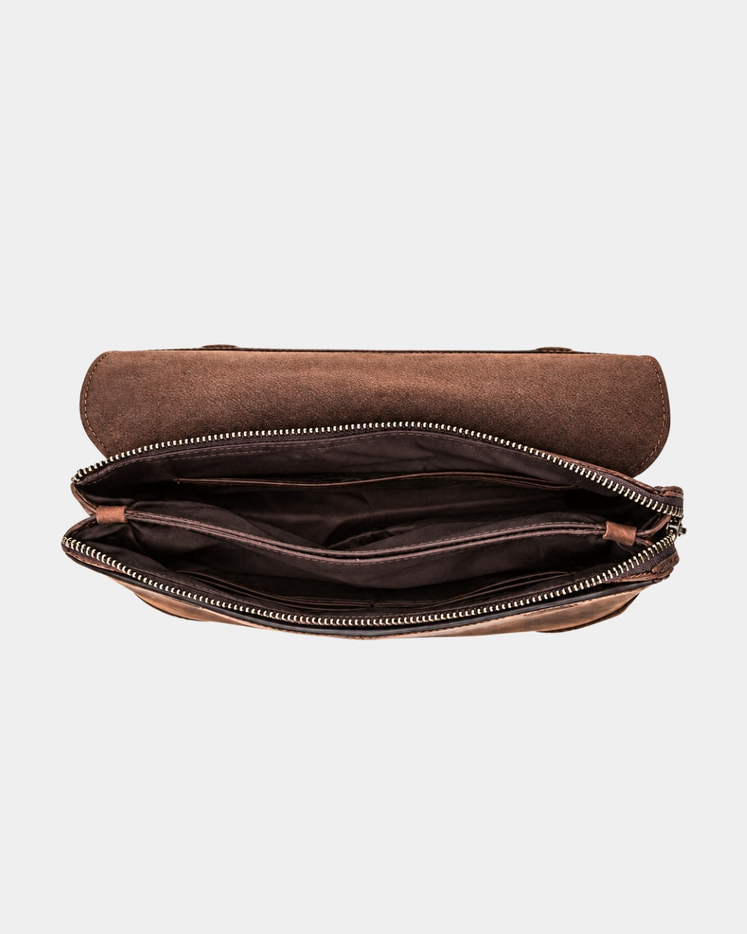 Open brown Crazy Horse leather clutch bag with a spacious interior, multiple compartments, and a secure zipper closure.