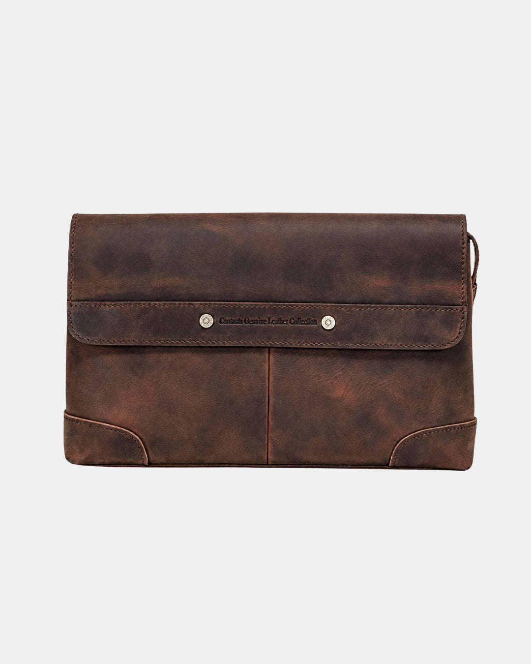 Vintage brown Crazy Horse leather clutch bag with a distressed finish, flap closure, and metal stud accents.