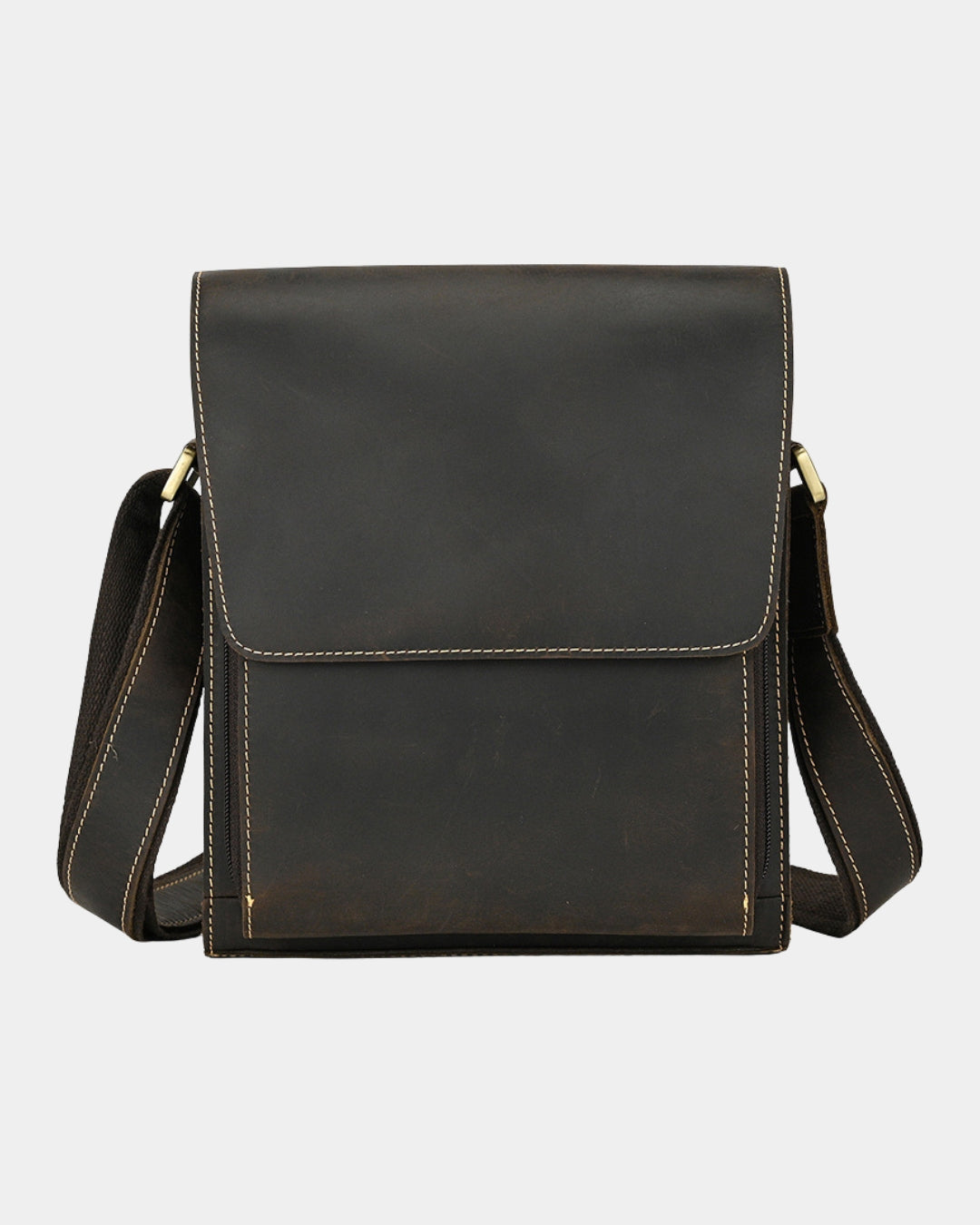 A black leather crossbody bag with a front flap pocket, visible contrast stitching, and gold-tone hardware.