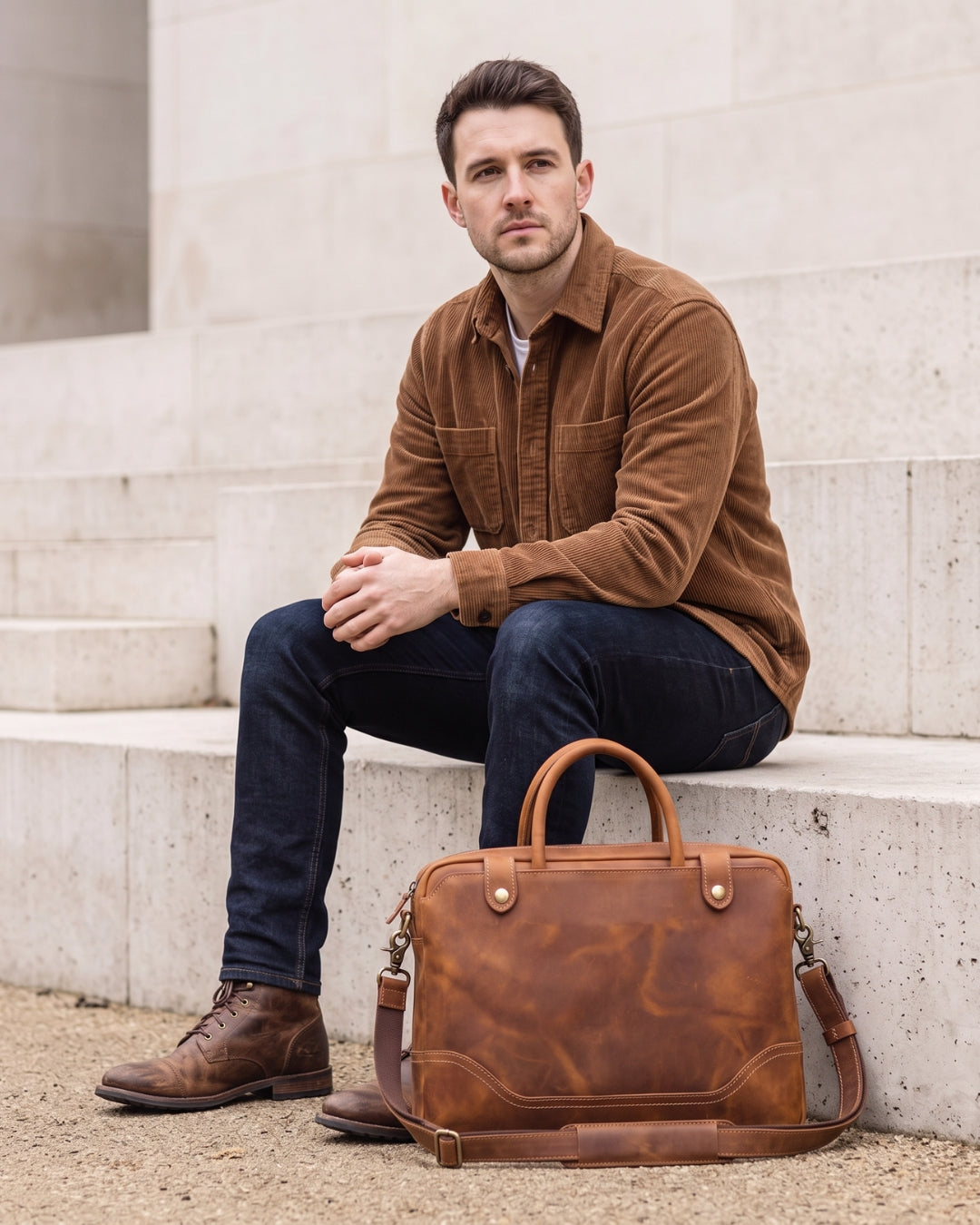 A man sits on light stone steps wearing a brown corduroy shirt, dark jeans, and brown leather boots, with a matching cognac brown leather briefcase placed in front of him.