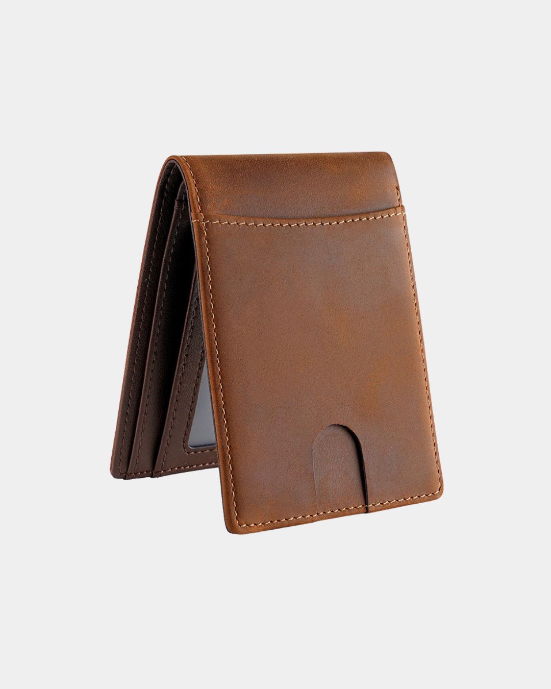 Brown Crazy Horse leather bifold wallet with an exterior quick-access card slot and RFID protection.