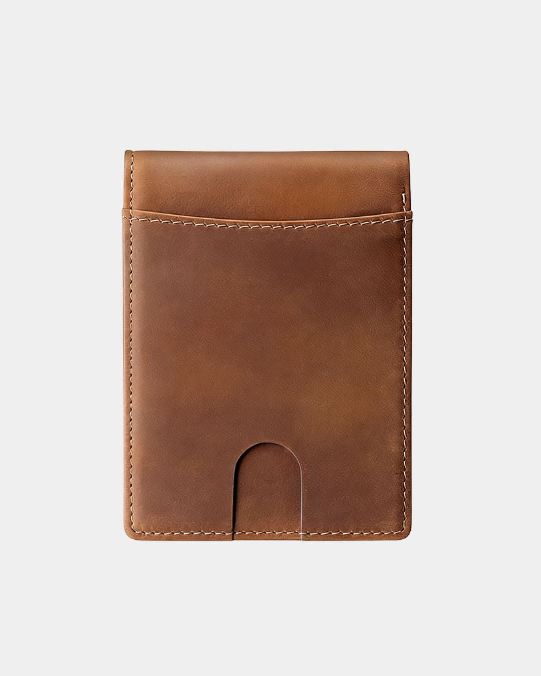 Brown Crazy Horse leather bifold wallet with a slim design and exterior quick-access card slot.