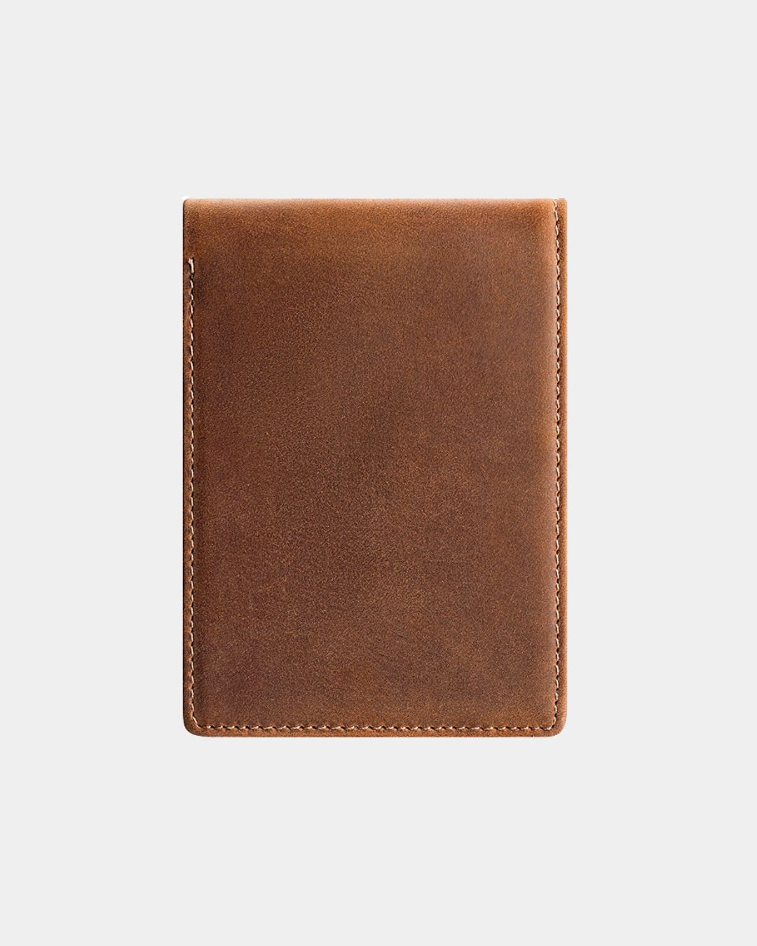 Brown Crazy Horse leather bifold wallet with a slim, durable design and visible stitched edges.