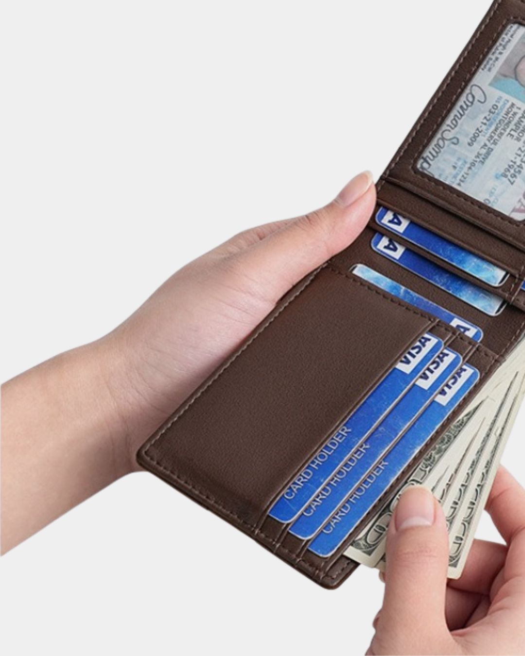 Brown Crazy Horse leather bifold wallet with RFID protection, multiple card slots, ID window, and cash storage.