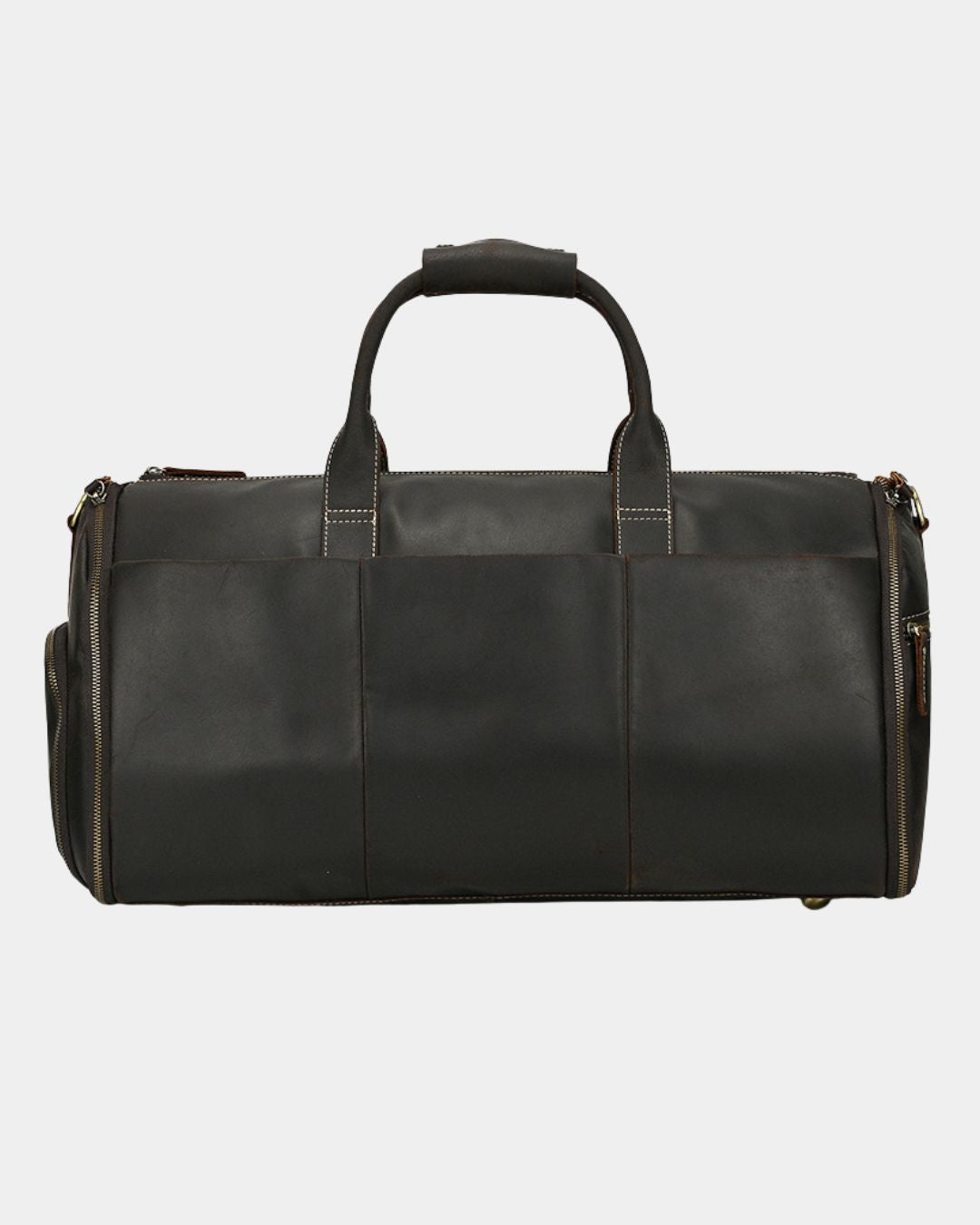 Black Crazy Horse leather travel duffel bag with garment bag functionality, side shoe compartment, and sturdy top handles.