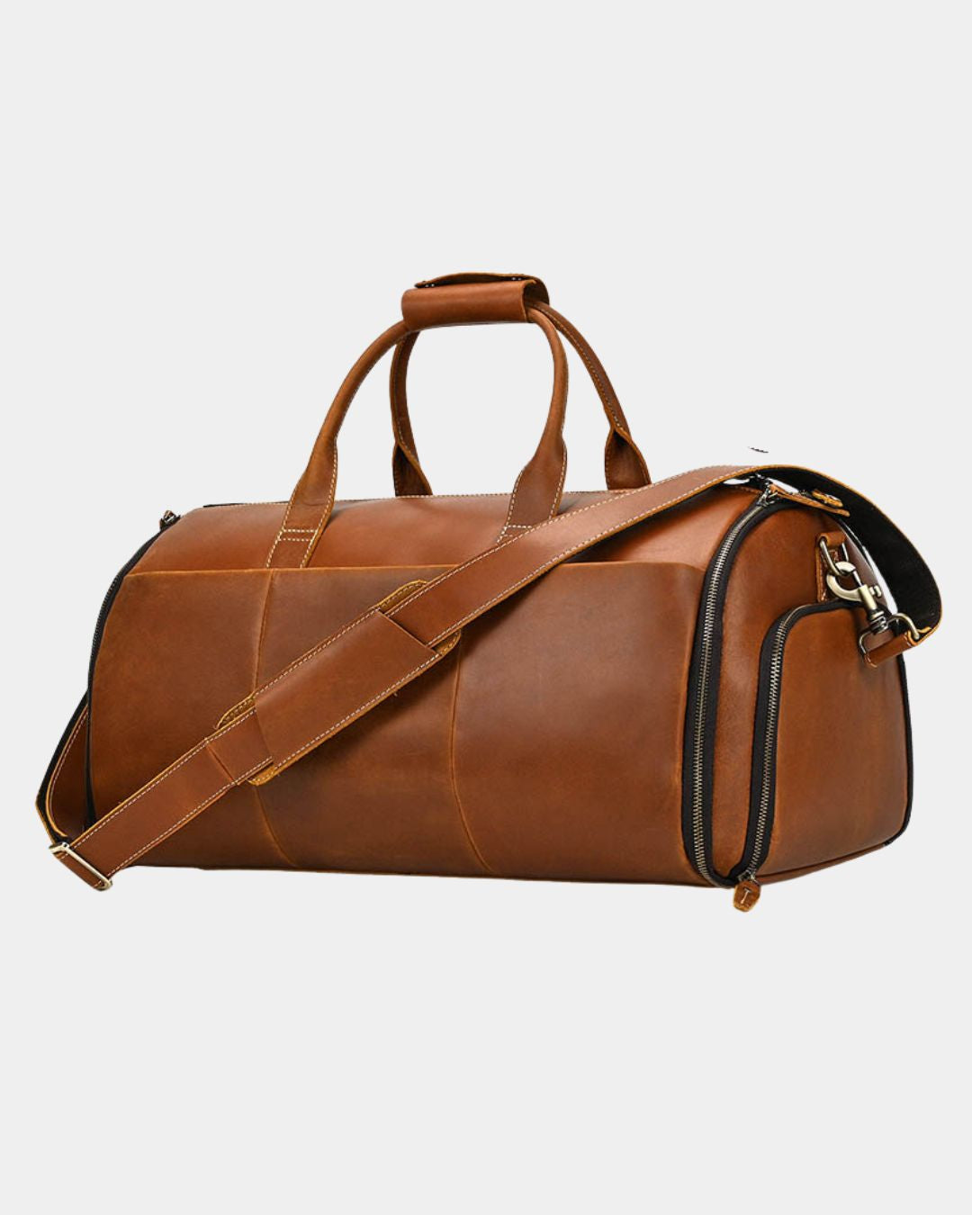 Brown Crazy Horse leather travel duffel bag with a garment bag design, side shoe compartment, and shoulder strap.
